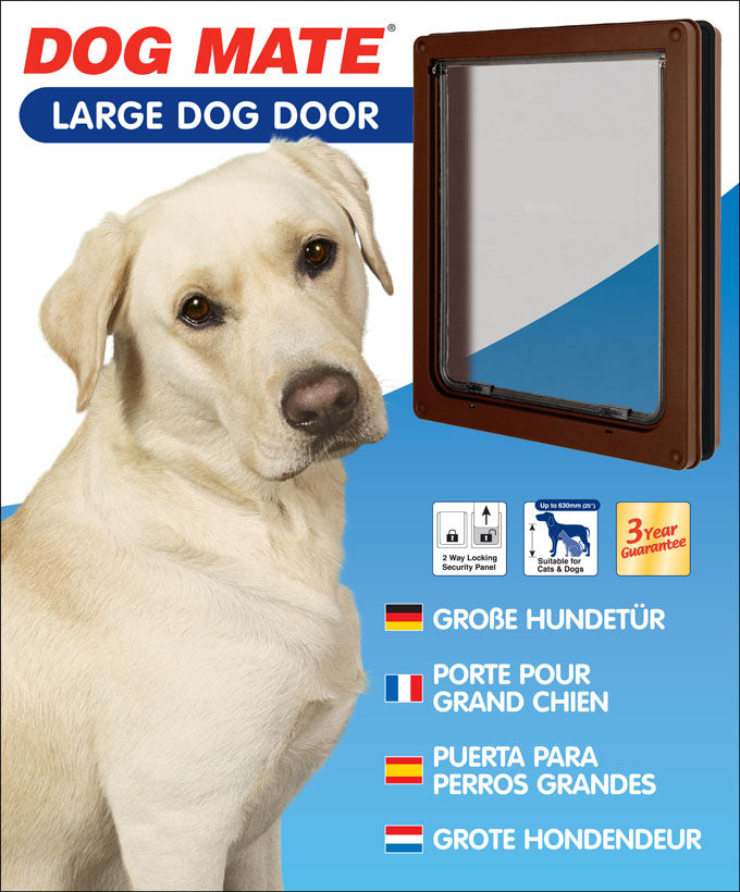 An image of the Dog Mate large dog door on the right hand side of a sitting  yellow Labrador, with product features written underneath.