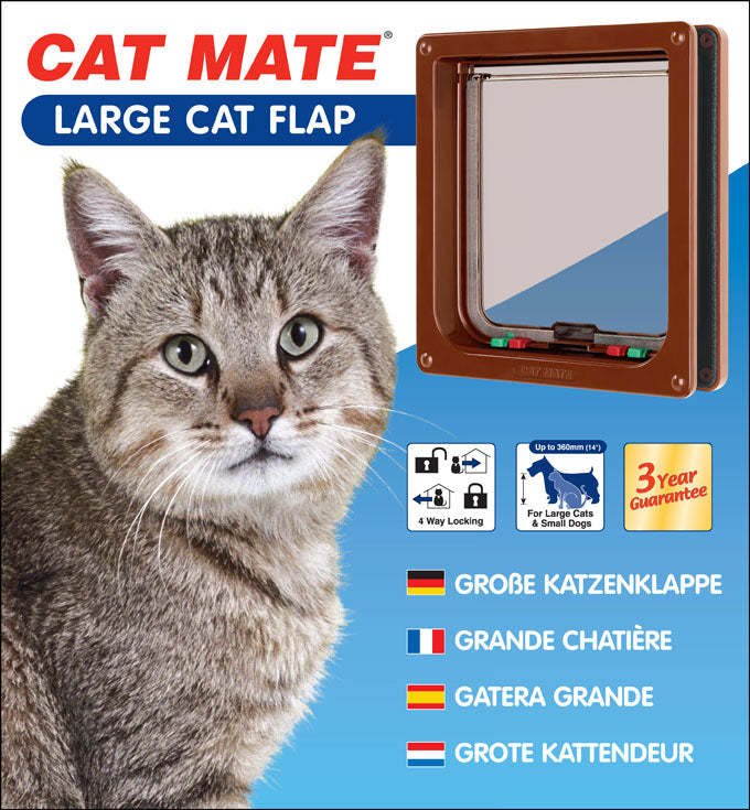 A photoshopped image of a large tabby marked cat sitting in the bottom left hand side of the image, with a photo of the cat flap at the top right, and the text features of the product written underneath.