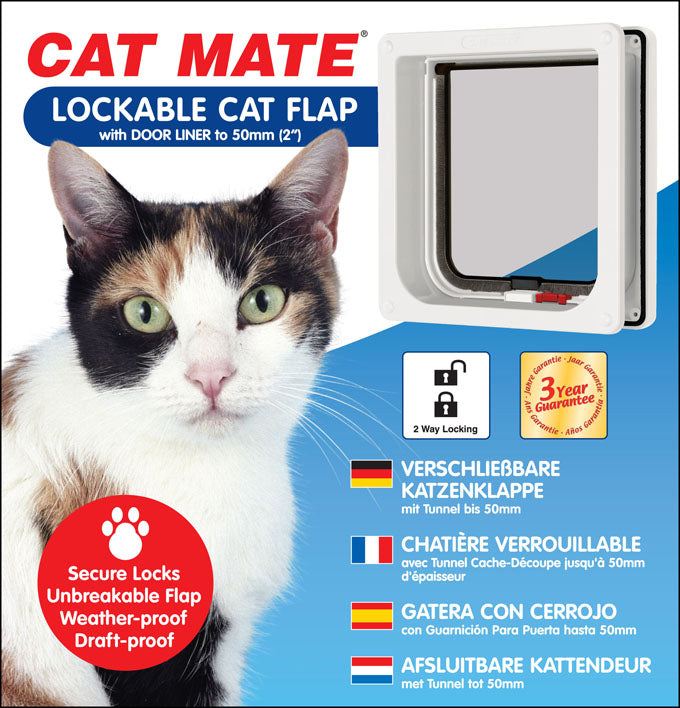 Photoshopped image of a tri-coloured cat sitting on the left hand side, while an image of the white cat flap is at the top right, with text displaying the features of the product underneath.