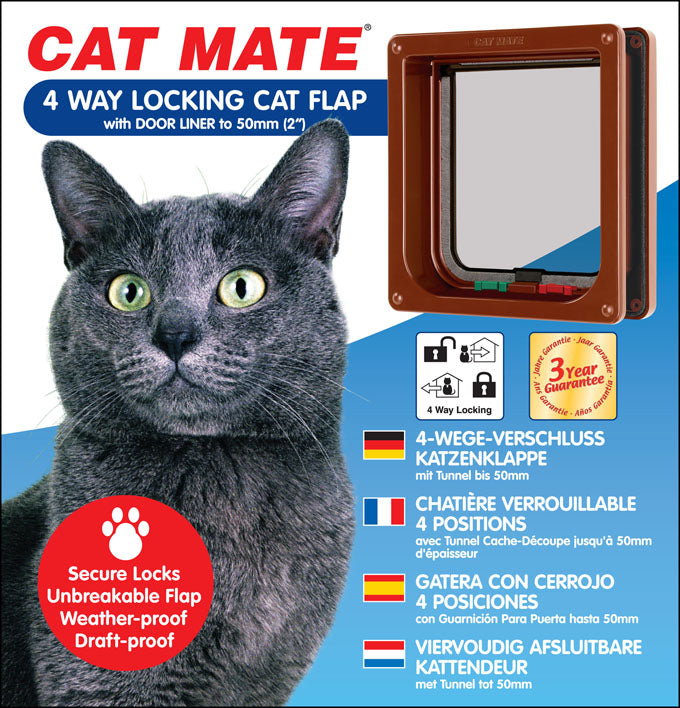 A photoshopped cat sitting next to the written text features of the cat flap while an image of the brown cat flap frame is situated above.