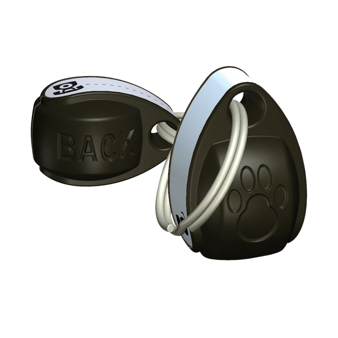 Two black collar magnets with a paw print design, intended for use with a Cat Mate Electromagnetic Cat Door.