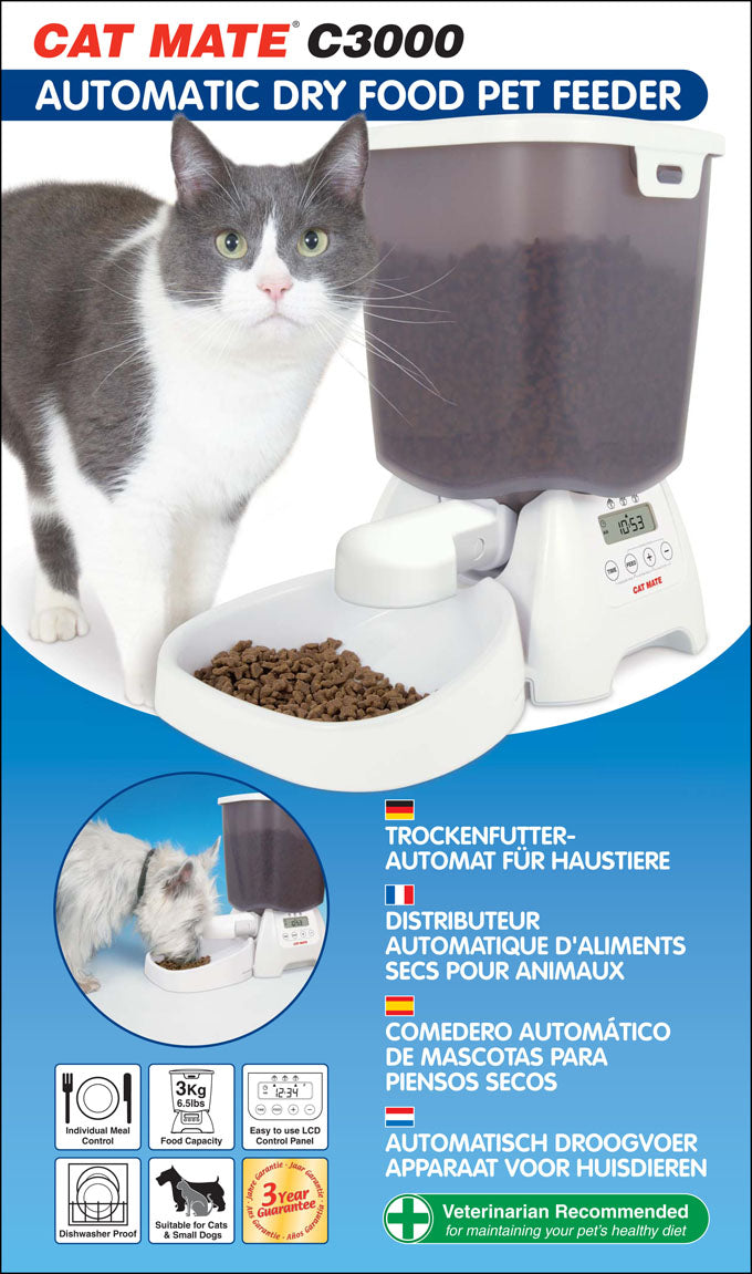 The front of the product box for the automatic dry feeder which includes a grey and white cat standing next to the feeder with with features of the product listed underneath/