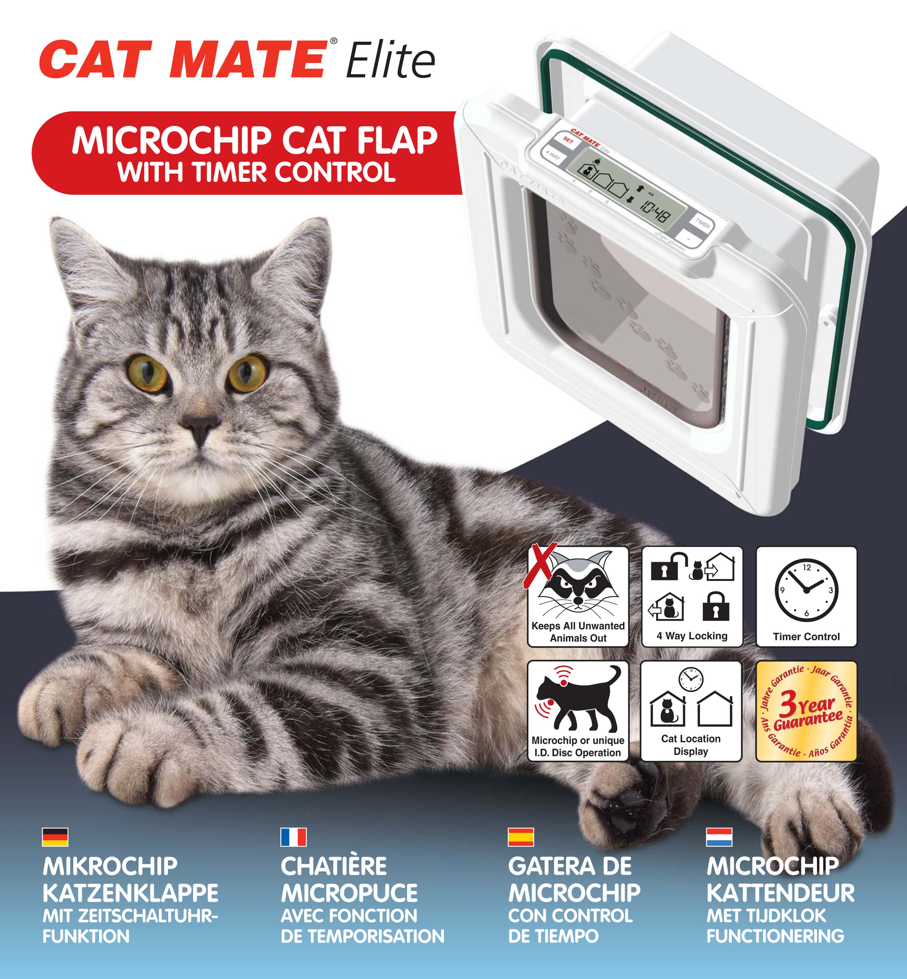 An image of the carton used to hold the product, with an image of a cat next to the cat flap and the features of the microchip cat flap listed underneath.