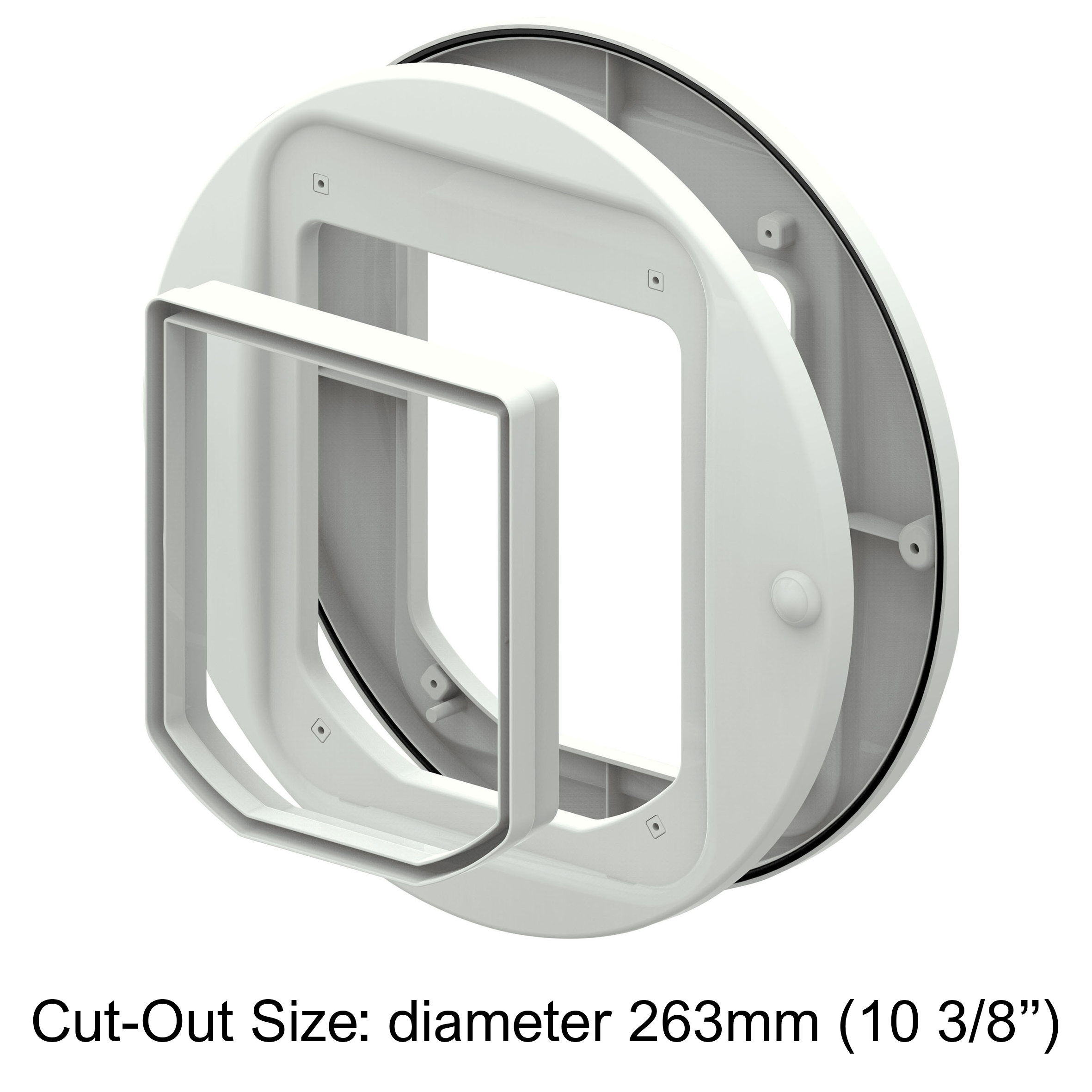 A diagram that shows the cat flap adapter kit parts and the cut out size of the product on a white background