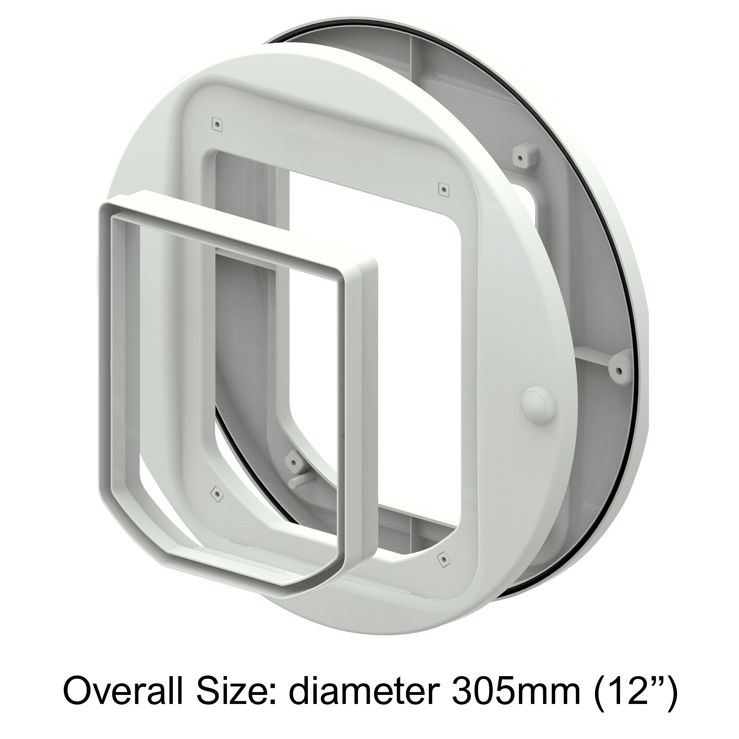 n image of the white components of the cat flap adaptor kit which has black text underneath of the overall diamenter of the product written underneath, on a white background.