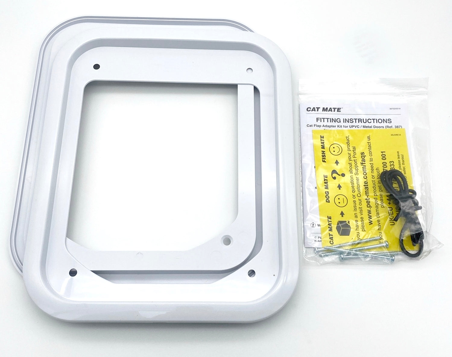 Two plastic square frames and a clear plastic pack contain fitting instructions and some tools for installation.