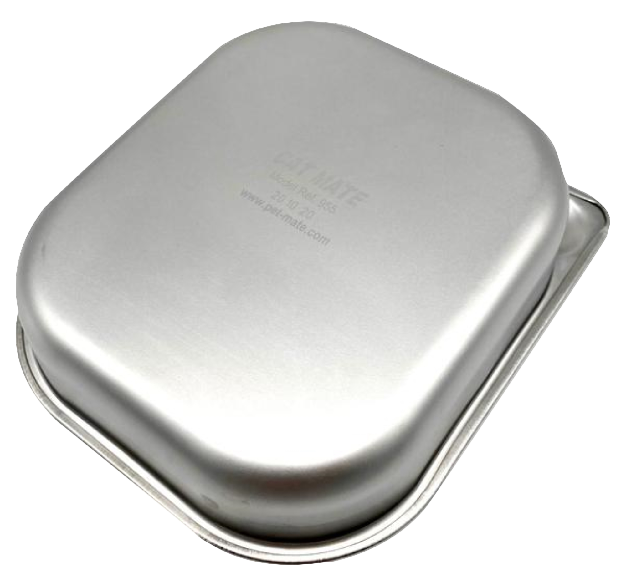 A upside down stainless steel bowl with the brand Cat Mate and other text written underneath it
