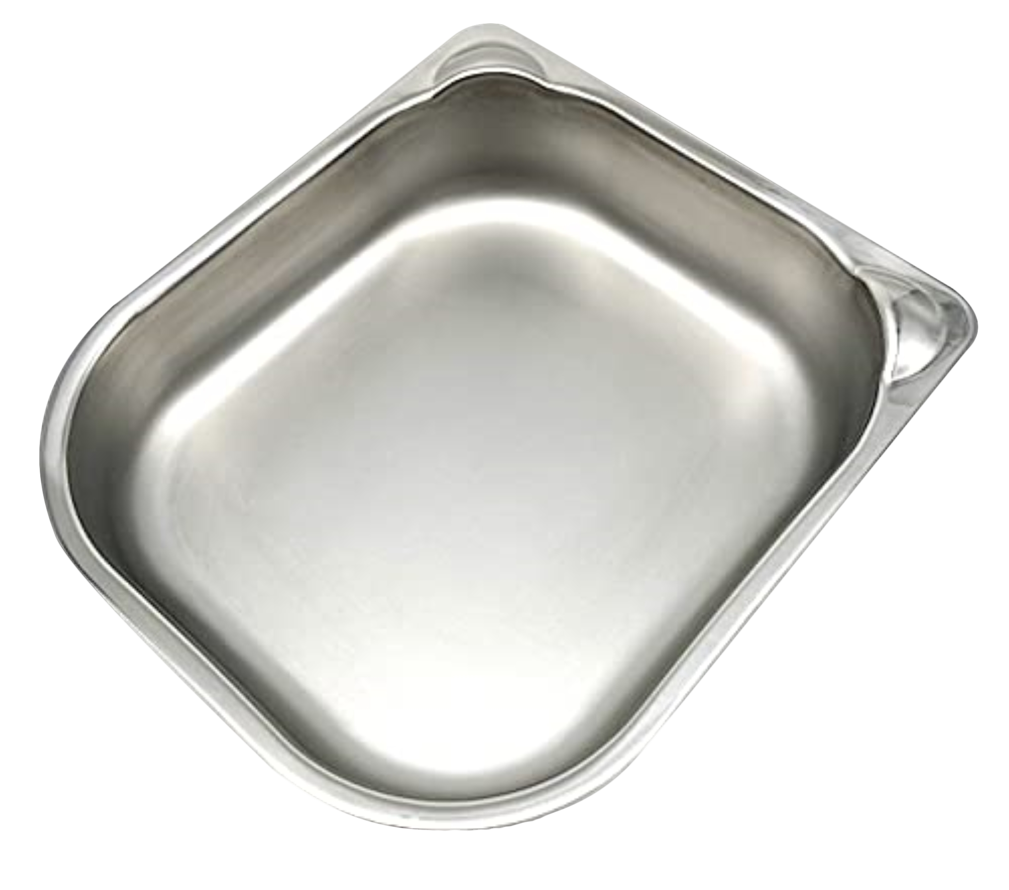 Stainless steel rectangular bowl with rounded edges and a smooth, polished surface, viewed from an angled top perspective on a clear background