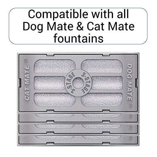 Image showing four stacked 3-stage filter cartridges labeled 'Cat Mate' and 'Dog Mate.' Above the filters, a label reads: 'Compatible with all Dog Mate & Cat Mate fountains.' The filters are rectangular with visible mesh sections and a central label indicating '3-Stage.