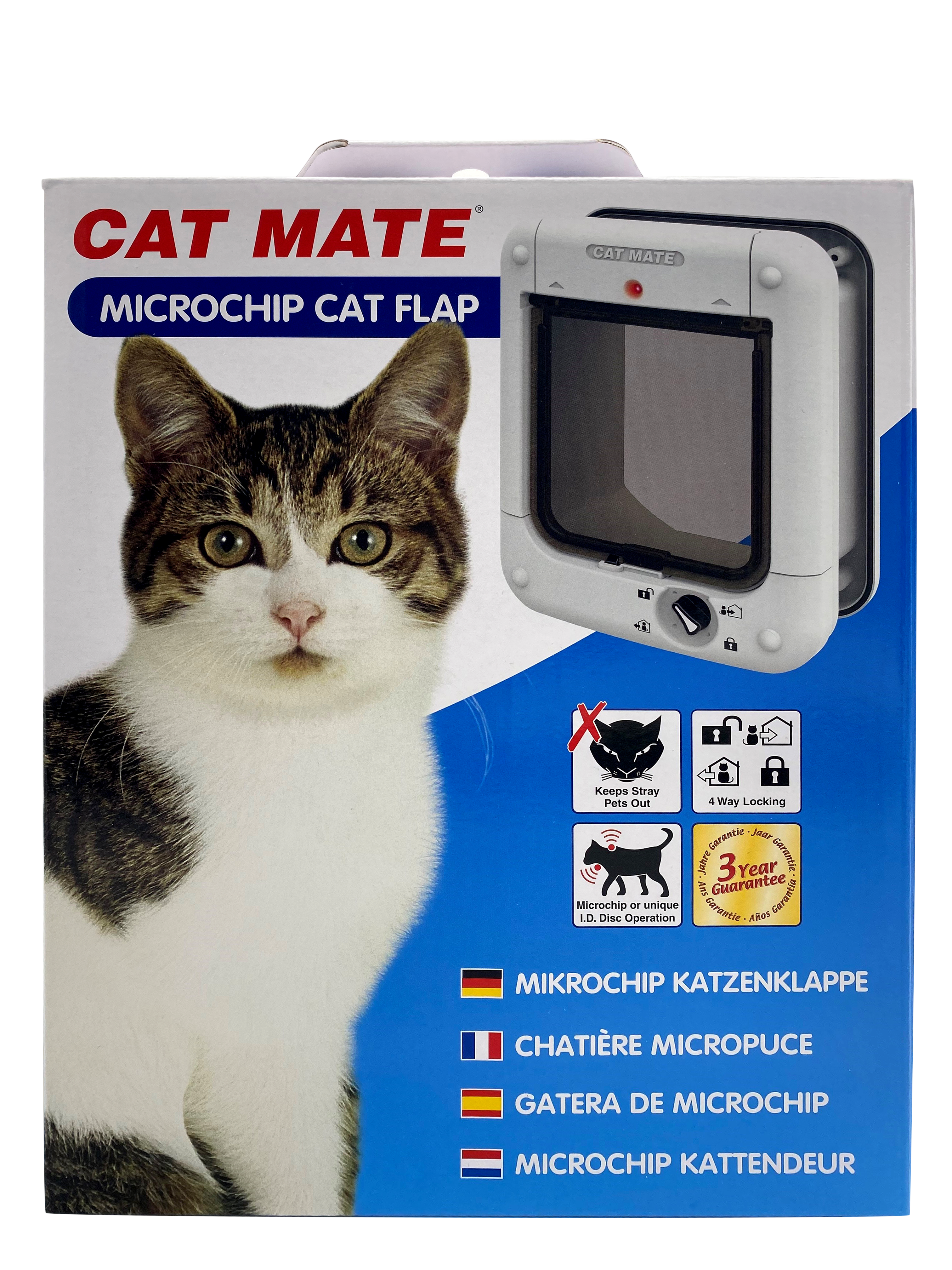 An image of a product display box, which shows a tabby and piebald cat sitting next to an image of the white microchip cat flap, with the product features listed beneath the image of cat flap, on a clear background.