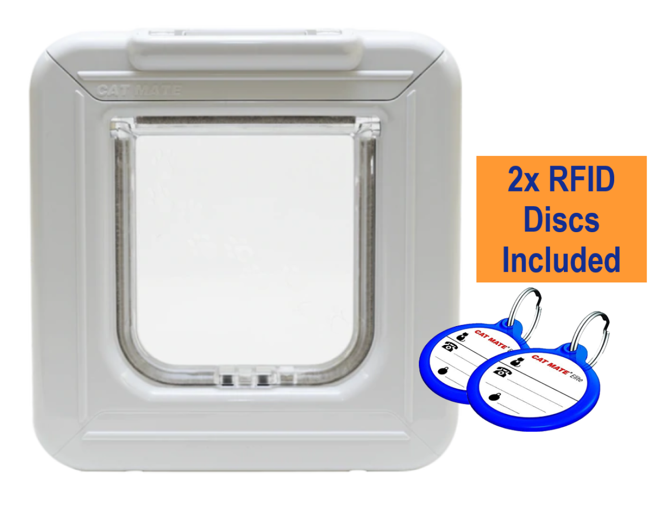 A white electromagnetic pet door for cats with two RFID discs displayed next to it on a white background.