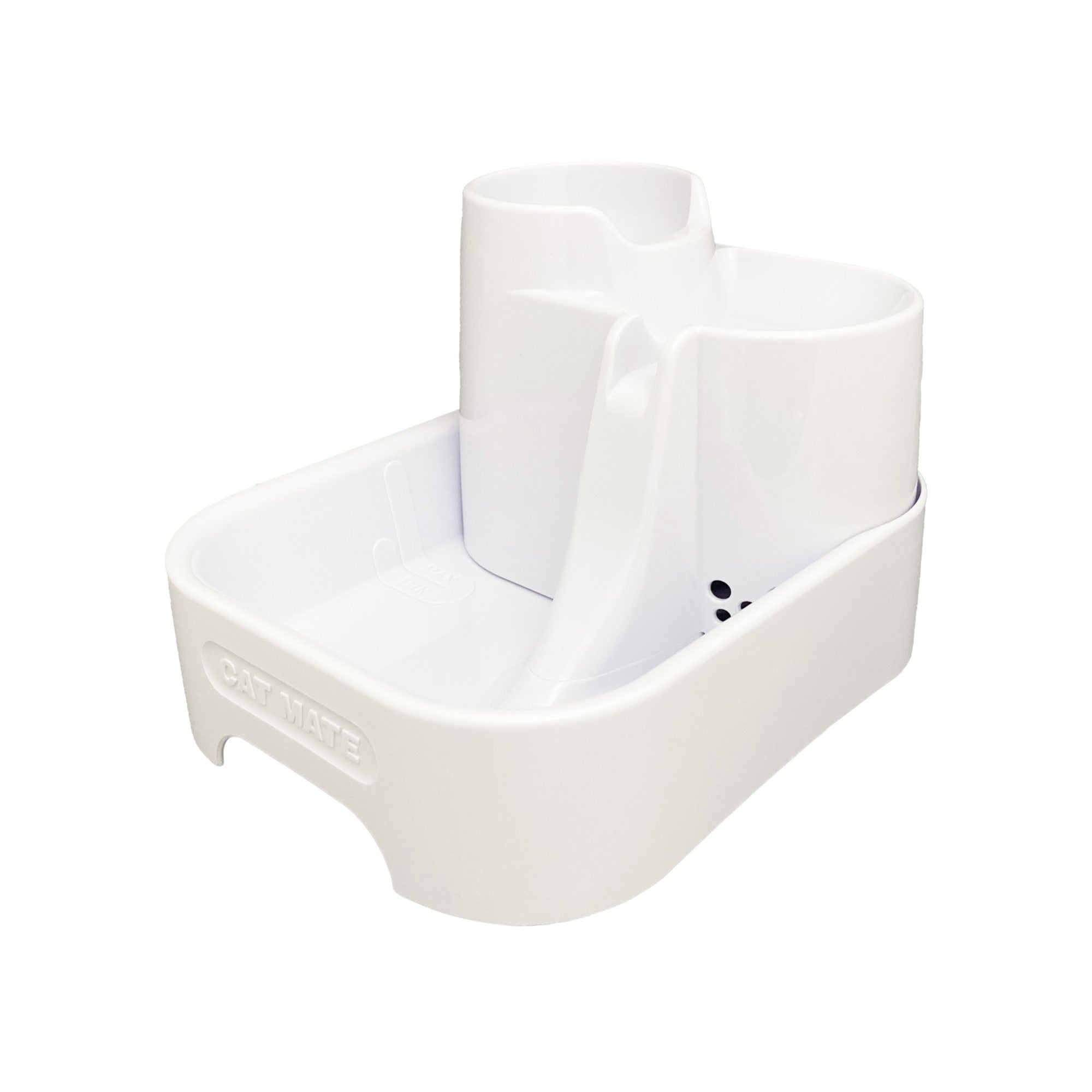 A front side angle view of a white drinking fountain for pets that is dry, set against a white background
