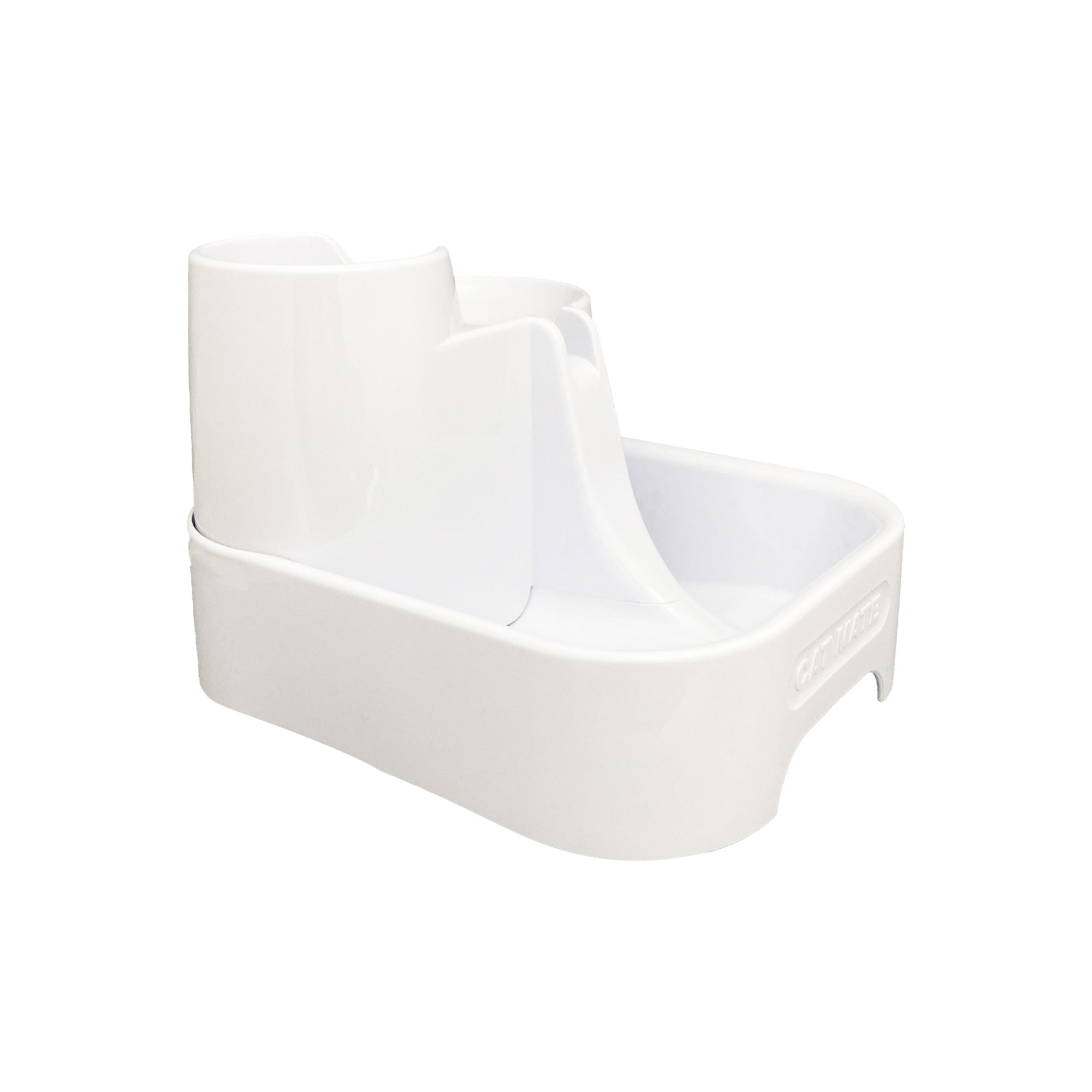 A side view of a pet drinking fountain in white that has three levels, on a white background