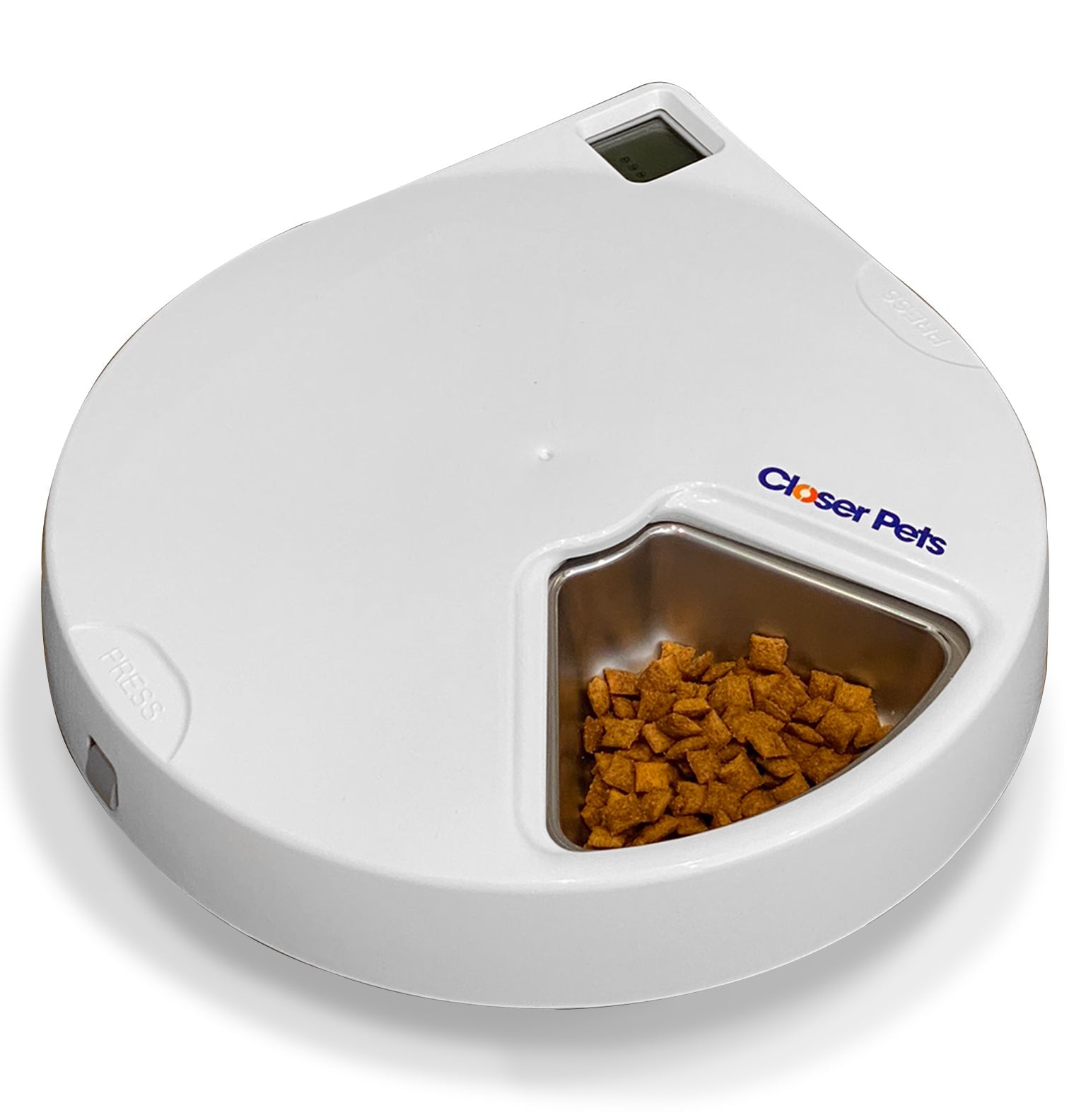 A white, automatic pet feeder with a digital timer and a compartment filled with cat food. The brand 'Closer Pets' is visible on the side.