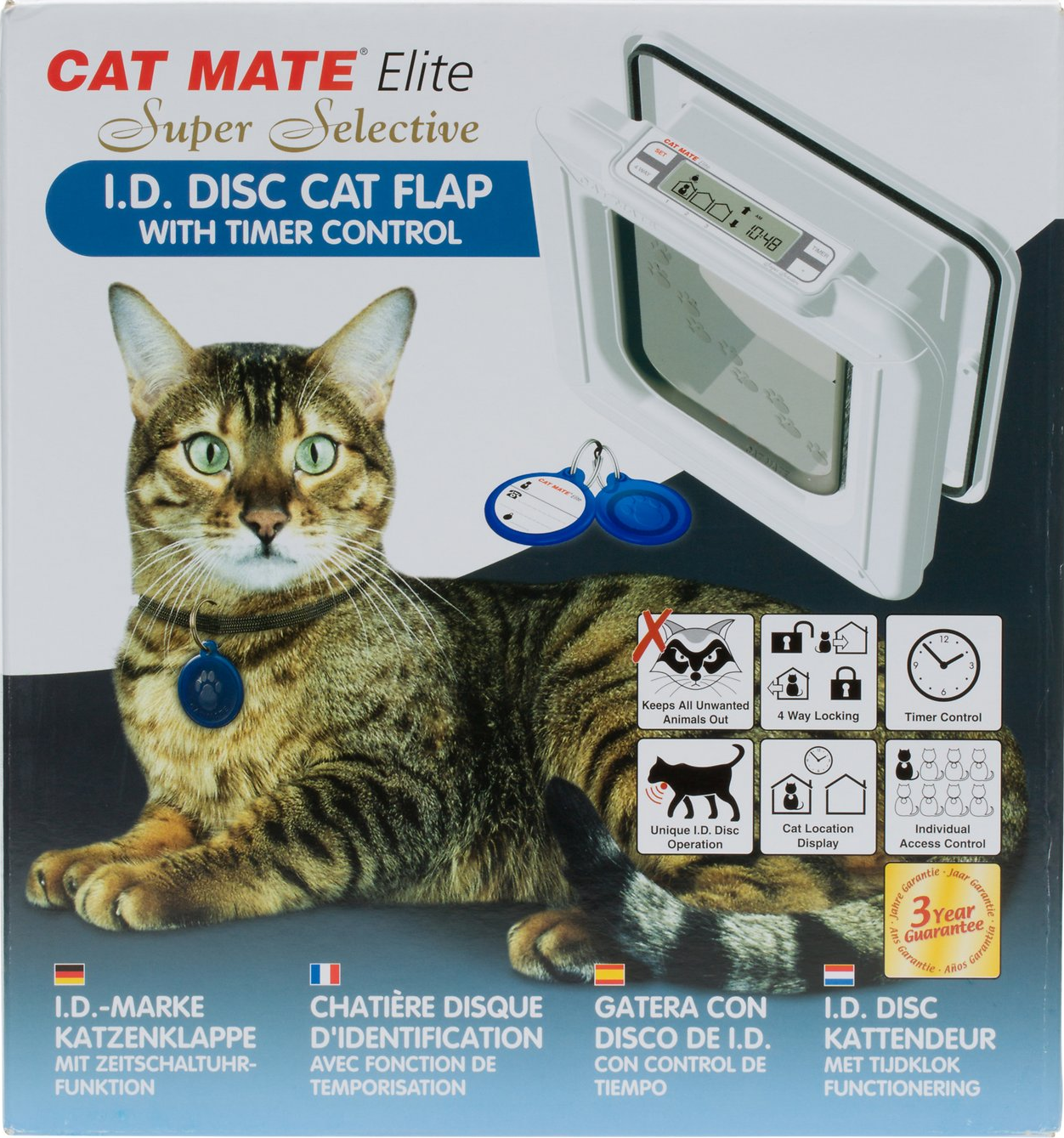 An image of the ID disc cat flap in white with timer control, next to an image of a tabby cat wearing an ID disc on a dark coloured collar around its neck, with the listed features of the product on the right hand side