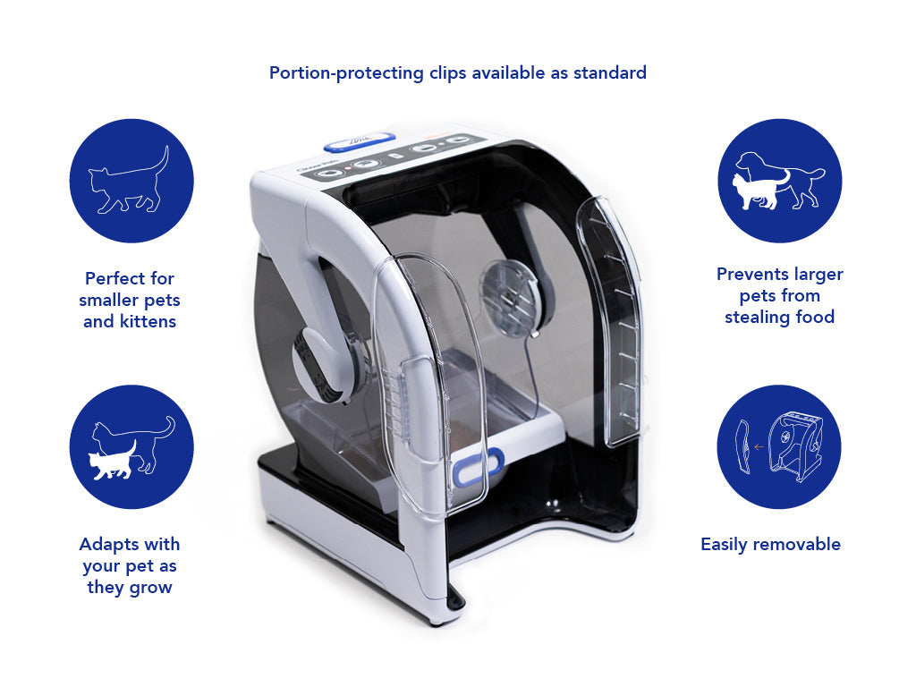 MiBowl Automatic Microchip Pet Feeder CP500 with portion-protecting clips for smaller pets and easy adaptability.