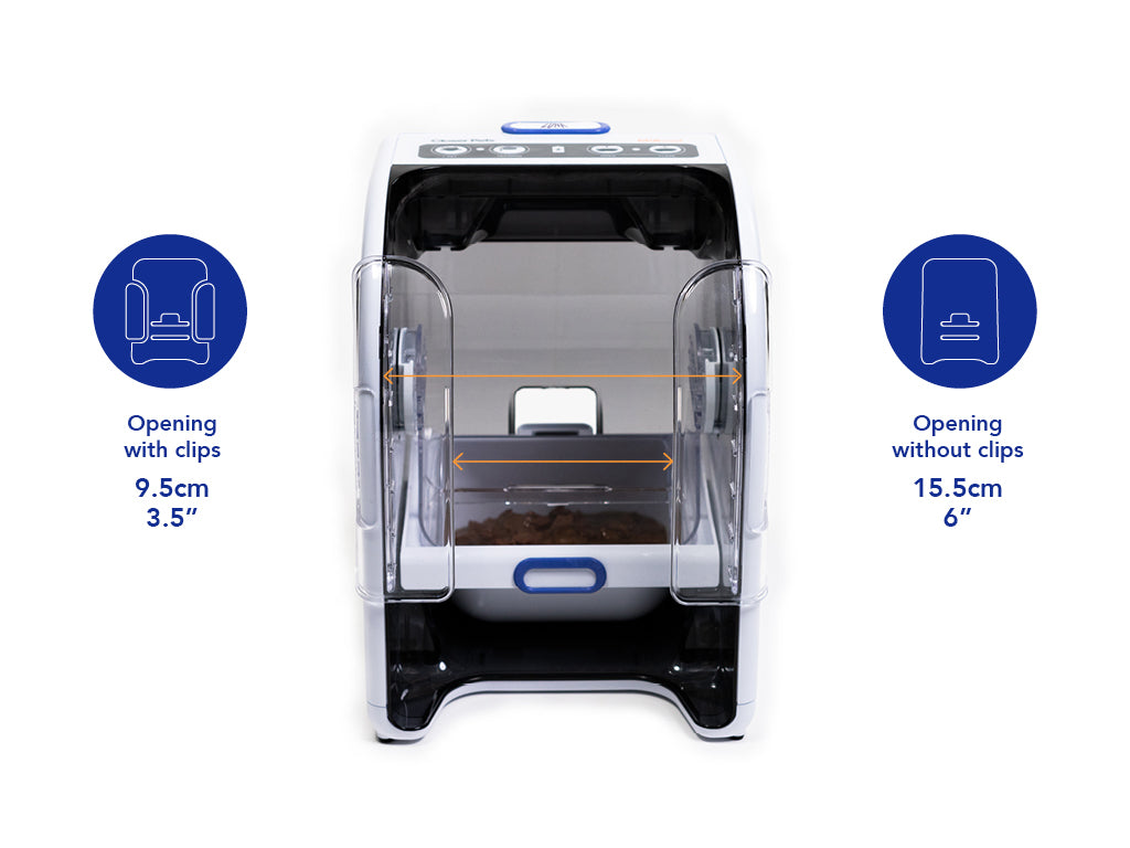 MiBowl Automatic Microchip Pet Feeder CP500 showing opening dimensions for clips and without clips.
