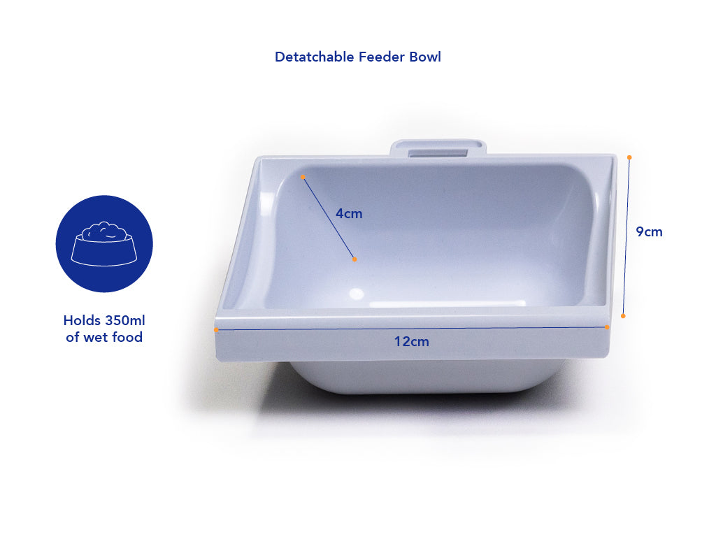 "Image of a detachable feeder bowl labeled with dimensions: 12 cm wide, 9 cm deep, and 4 cm high. A circular icon to the left shows a food bowl graphic and text that reads 'Holds 350ml of wet food.' The title above the bowl reads 'Detachable Feeder Bowl.'