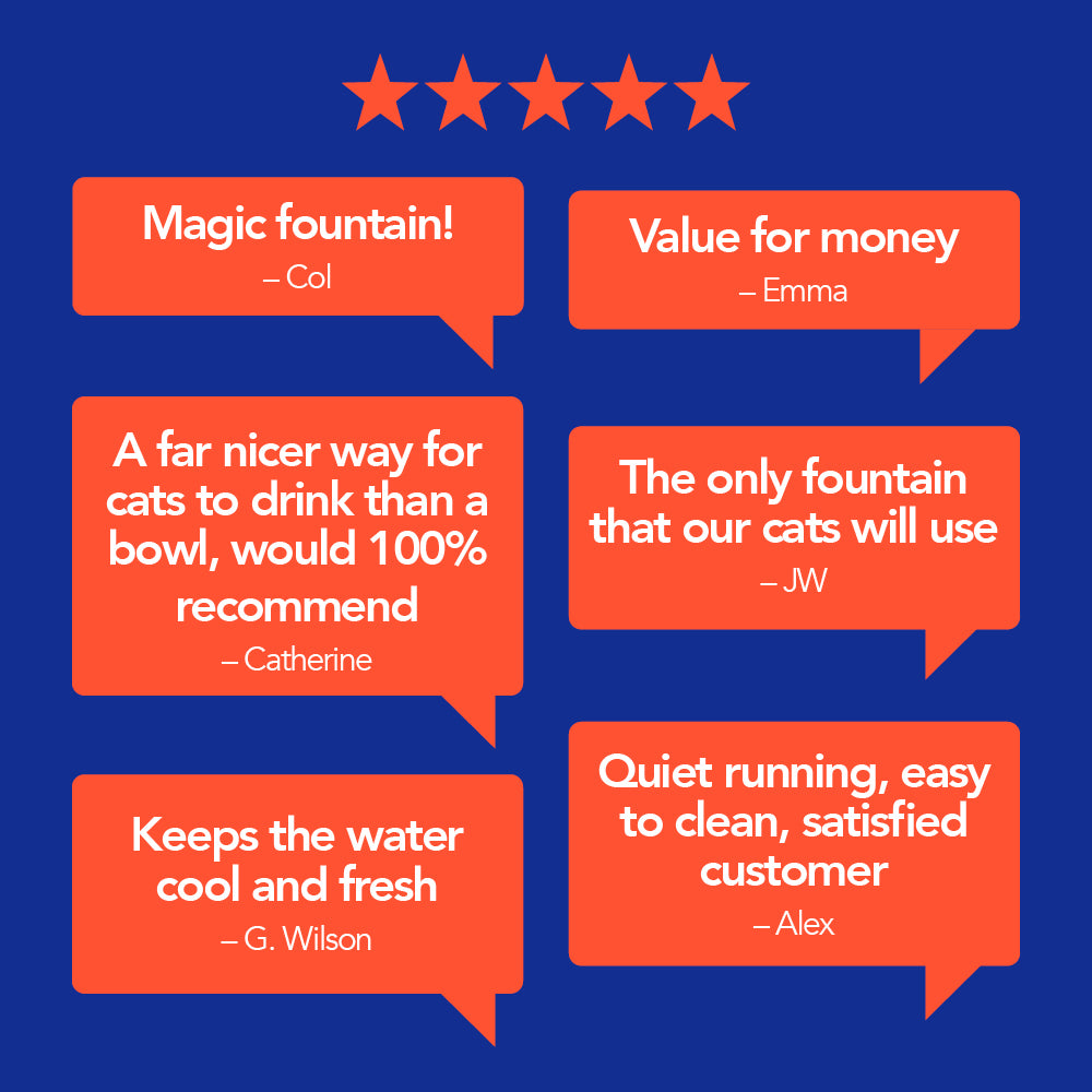 A set of six orange text bubbles containing white text, set against a blue background displaying positive customer comments.