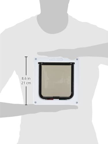 An infographic which illustrates the height of the pet door in white against a person's torso as a size comparison.