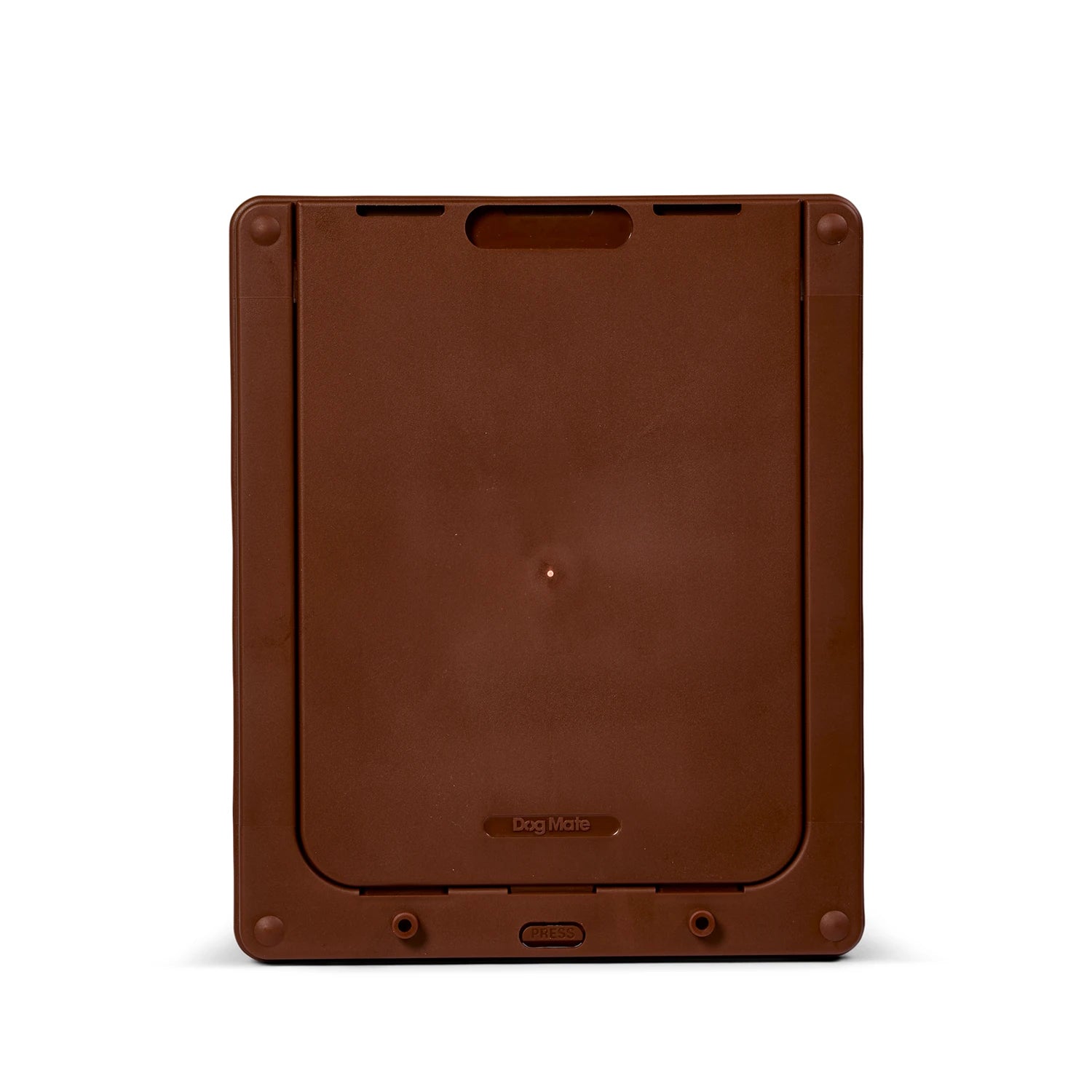 The brown medium dog door with the locking panel lowered in place. 