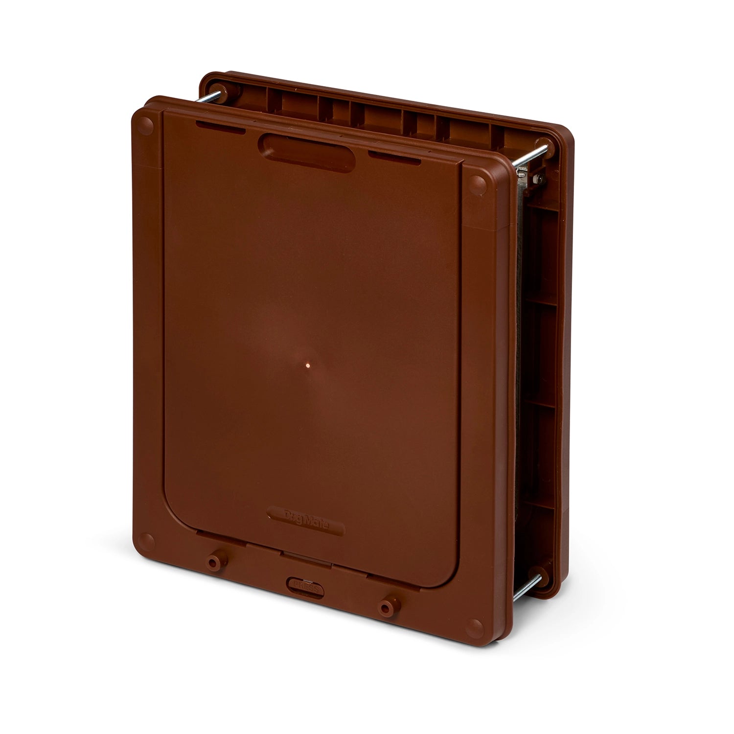 A side-on view of the brown medium dog door with the lowered locking panel on a white background. 