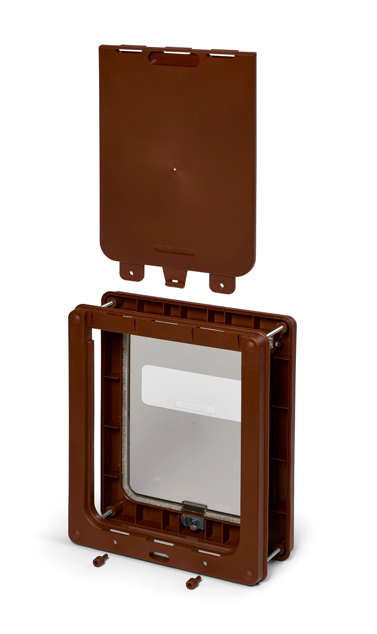 Brown pet door with clear flap on a white background, with the locking panel shown above the pet door. 