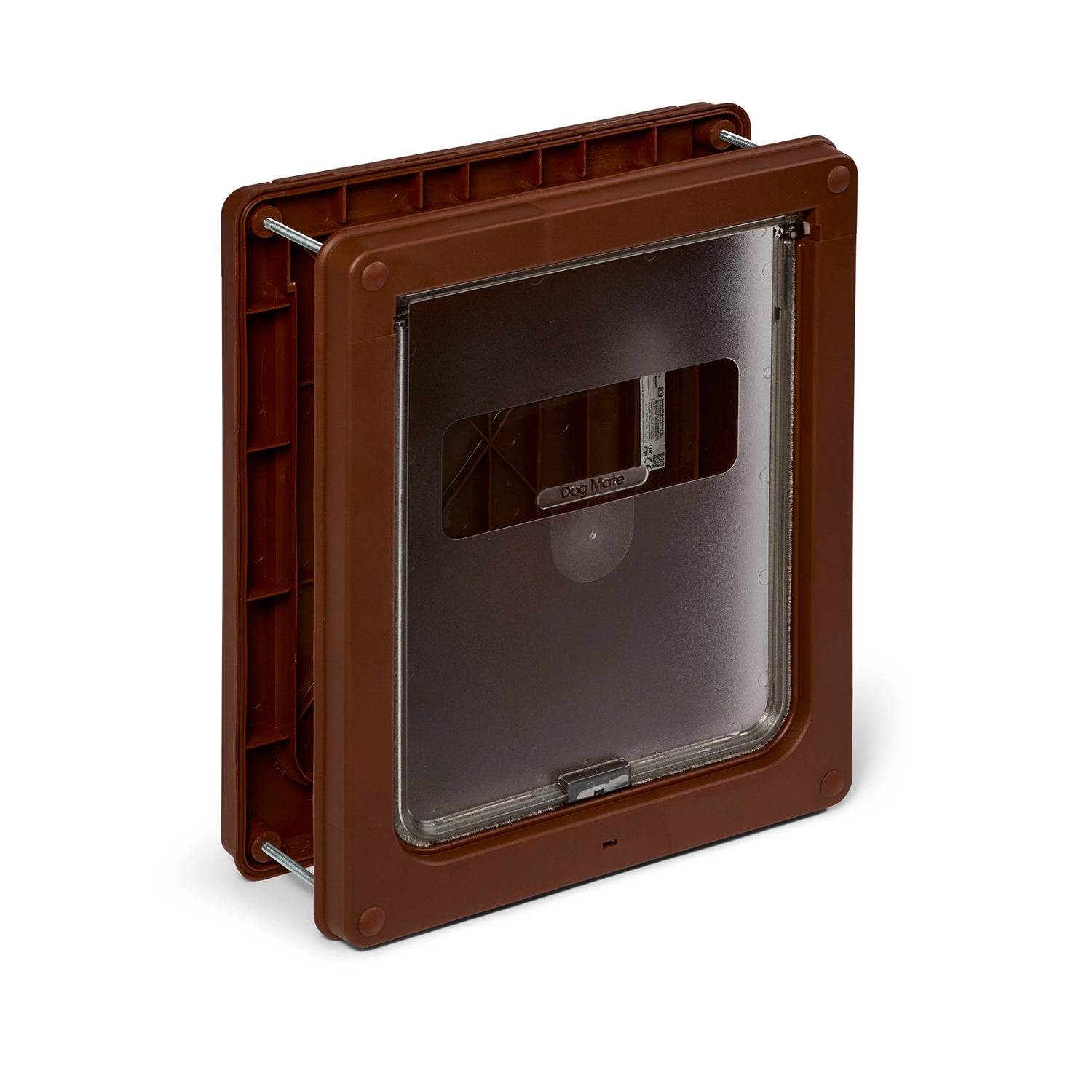 Brown pet door with clear flap on a white background