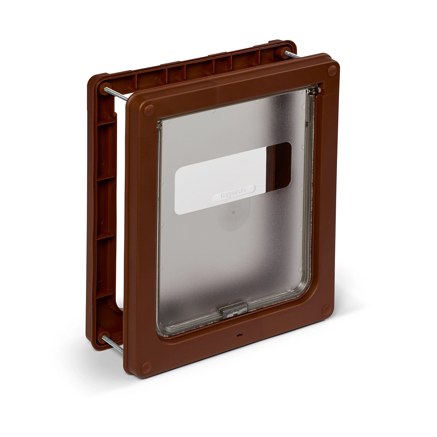 A side view of the brown pet door with clear plastic flap on a white background.