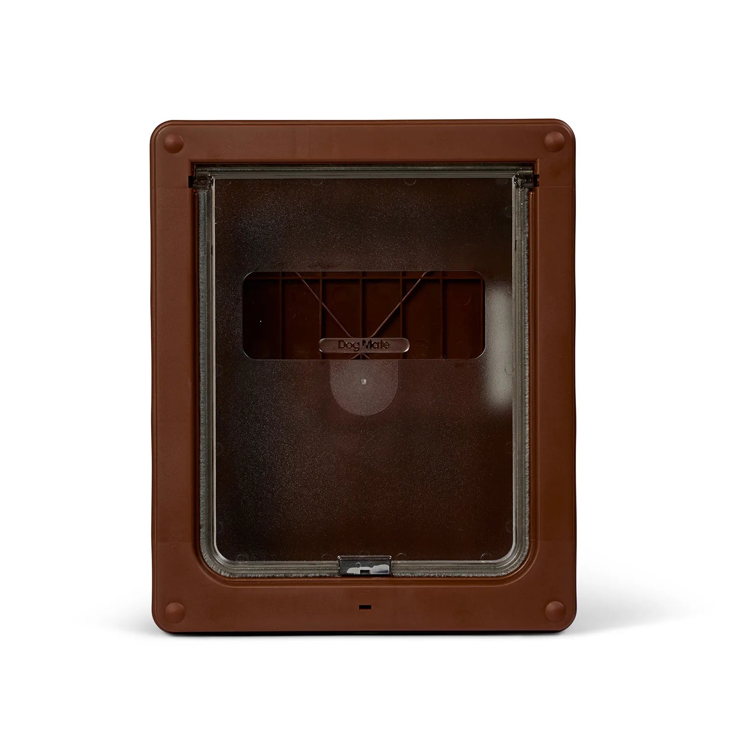 A front view of the Brown pet door on a white background in the closed position.