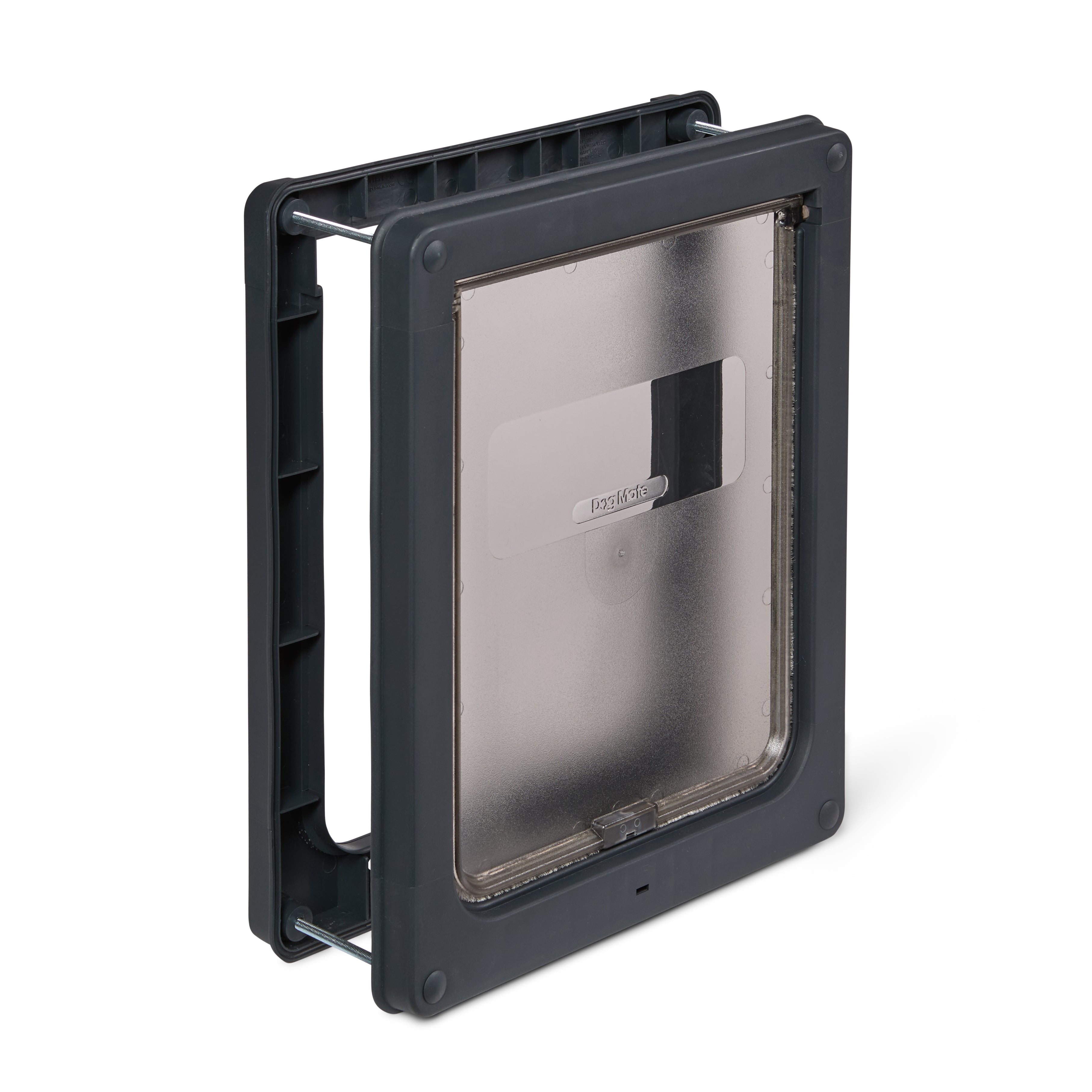An angled view of the grey-framed dog door with a translucent door and secure manual locking panel for medium size dogs and all cat breeds, on a white background 