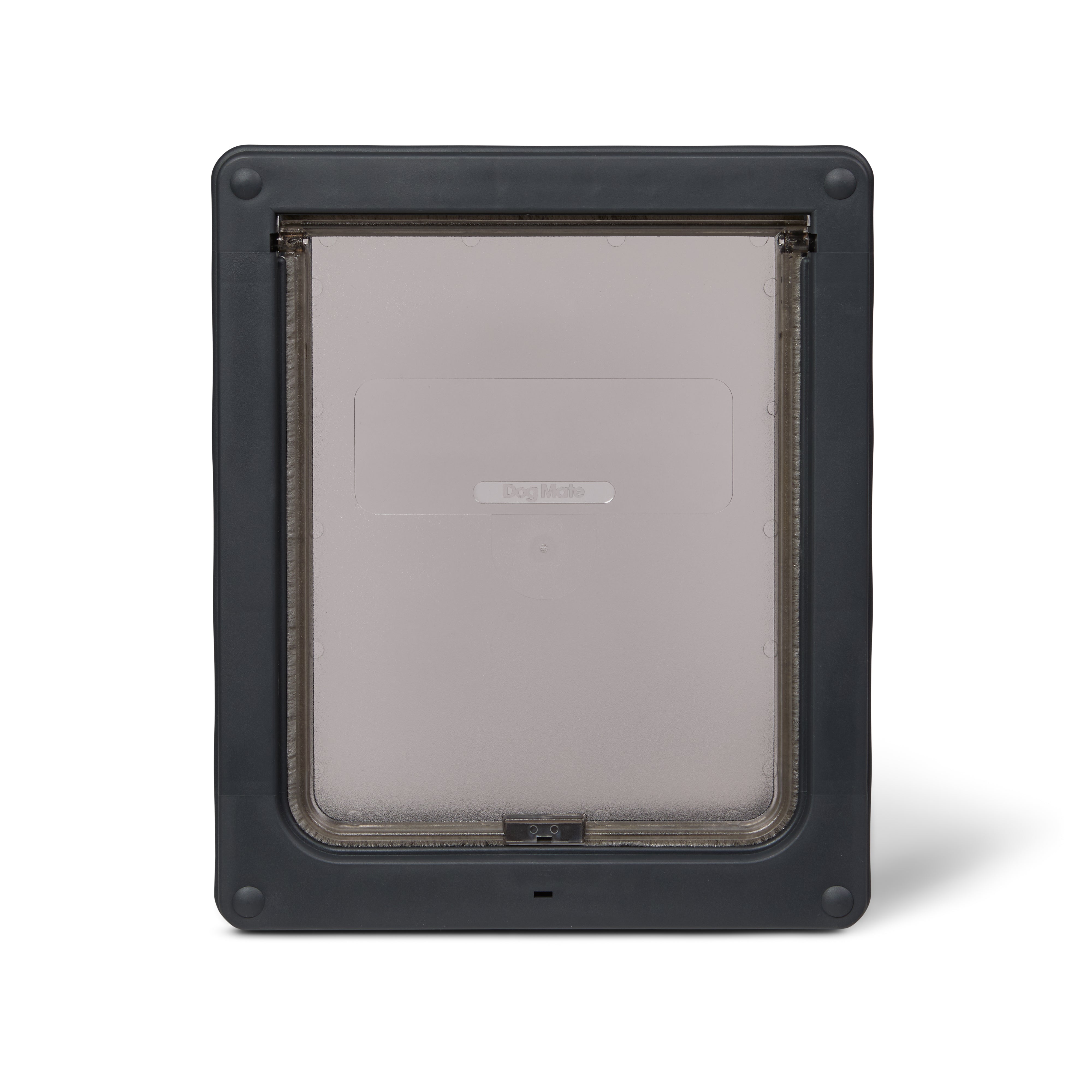 A translucent pet door on a grey frame  for medium size dogs with a secure manual locking panel on a white background 