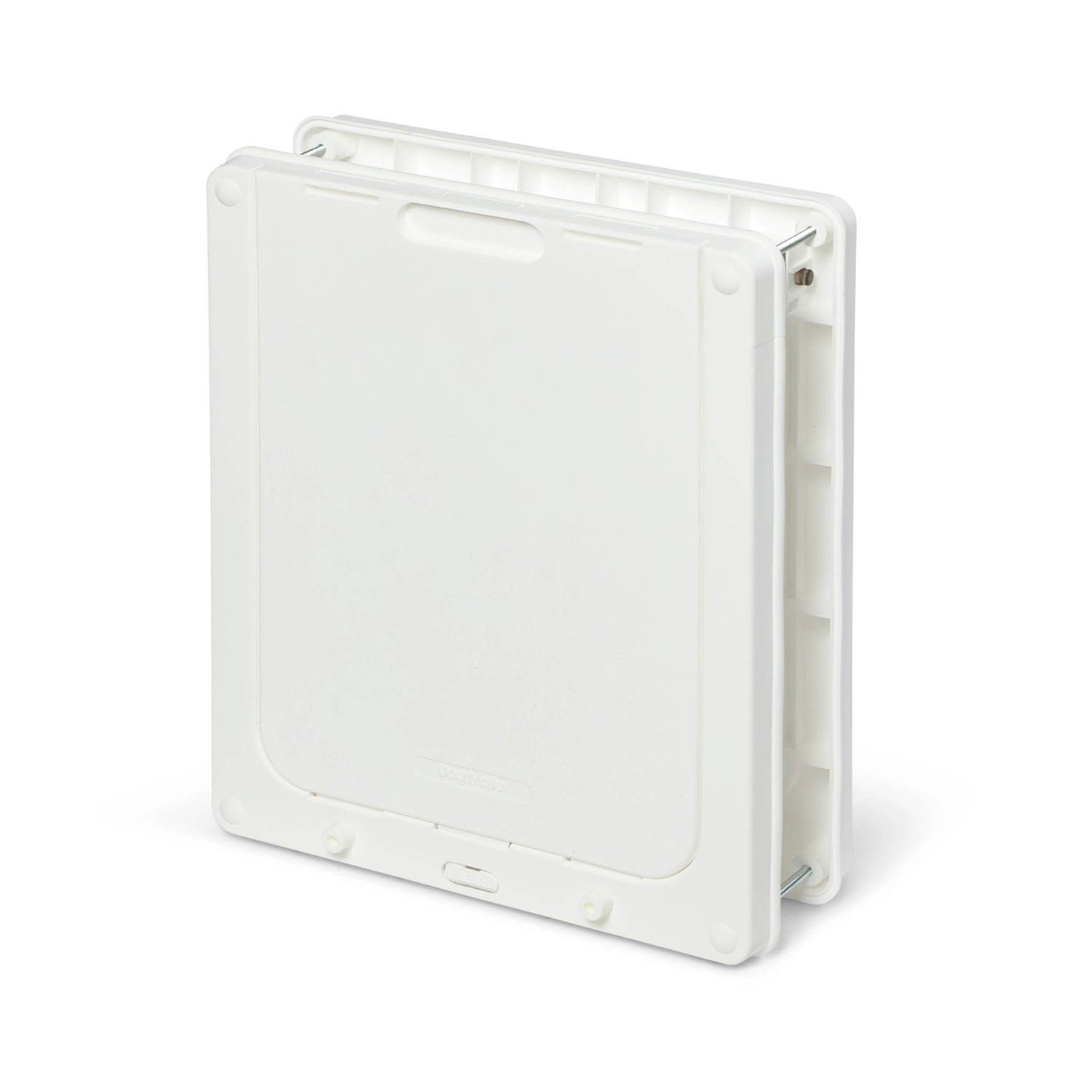 An angled view of the white Dog Mate medium pet door with the locking panel down in place. 