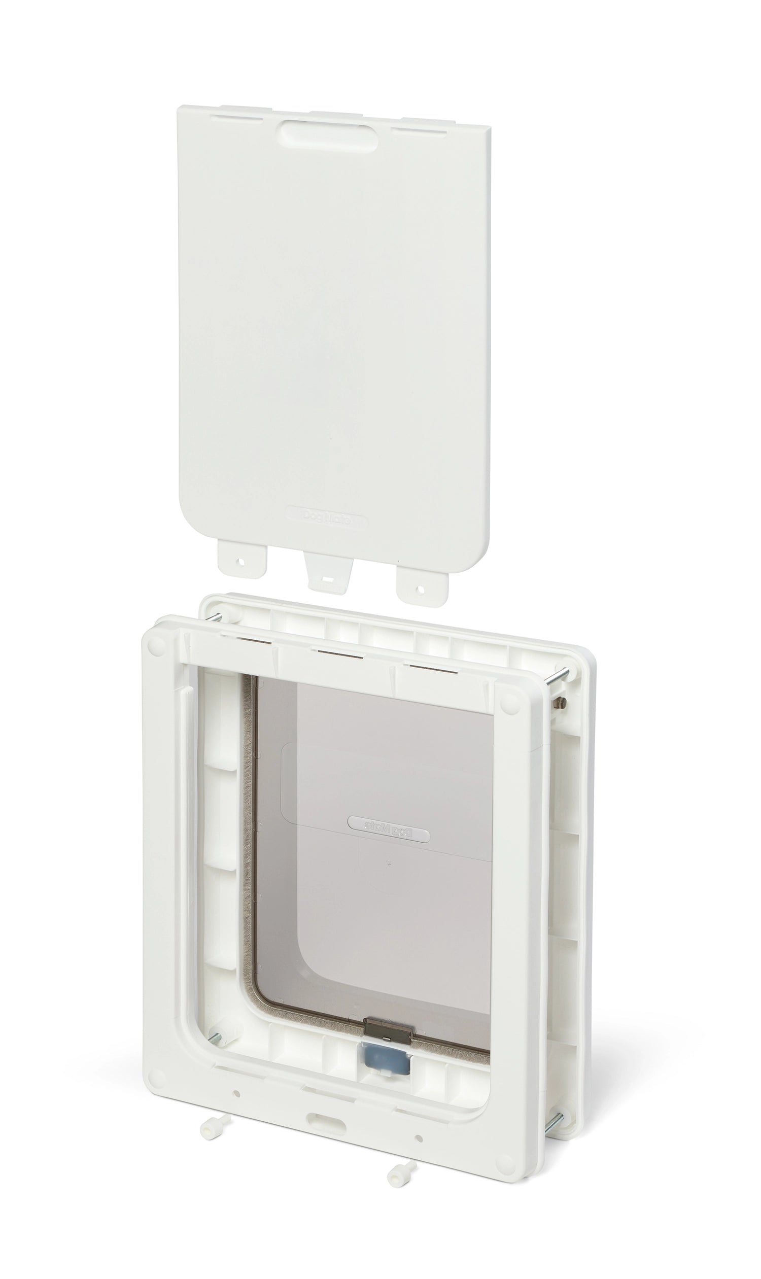 An angled view of the white Dog Mate medium pet door with a clear flap on a white background. 