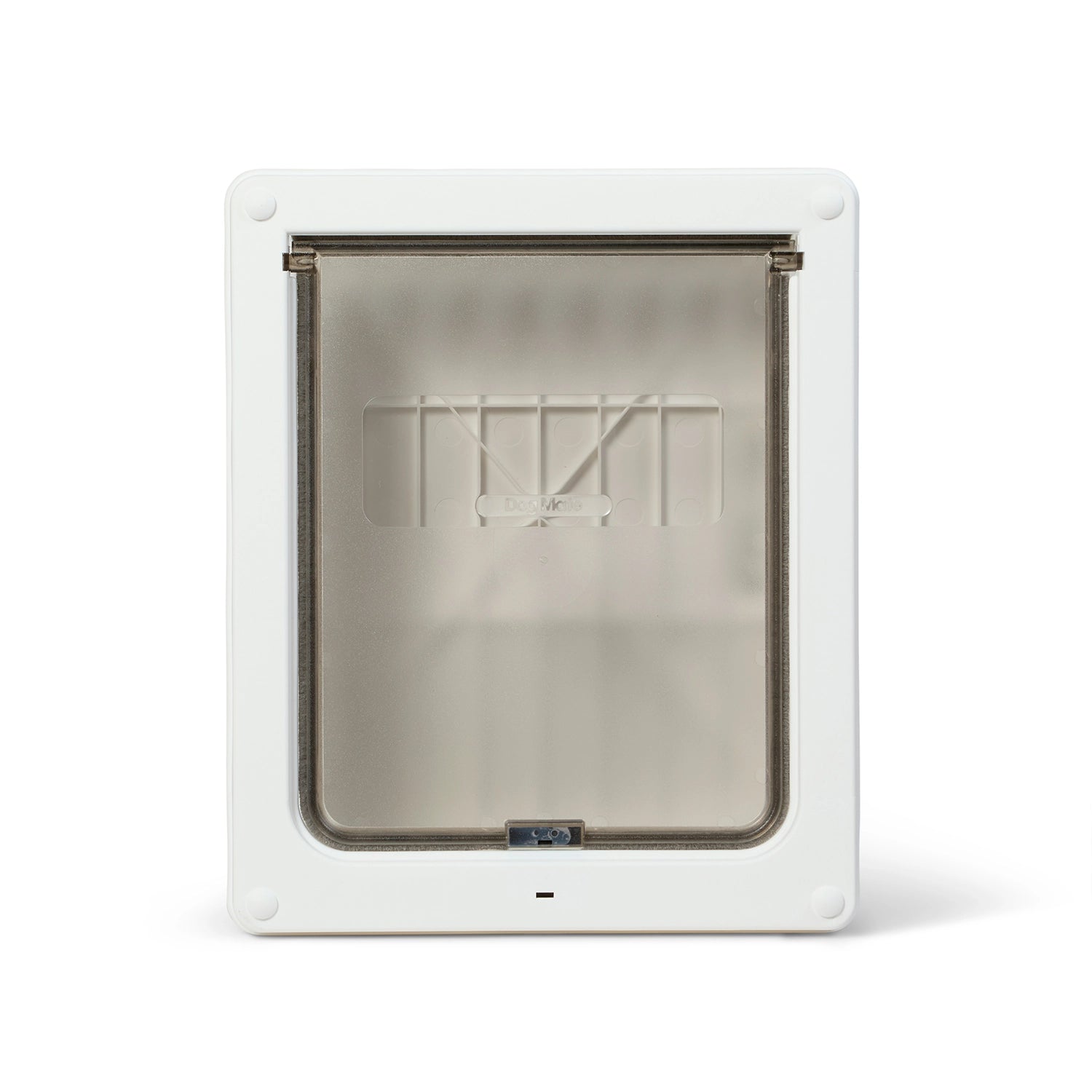 Dog Mate medium white pet door with a clear flap on a white background. 