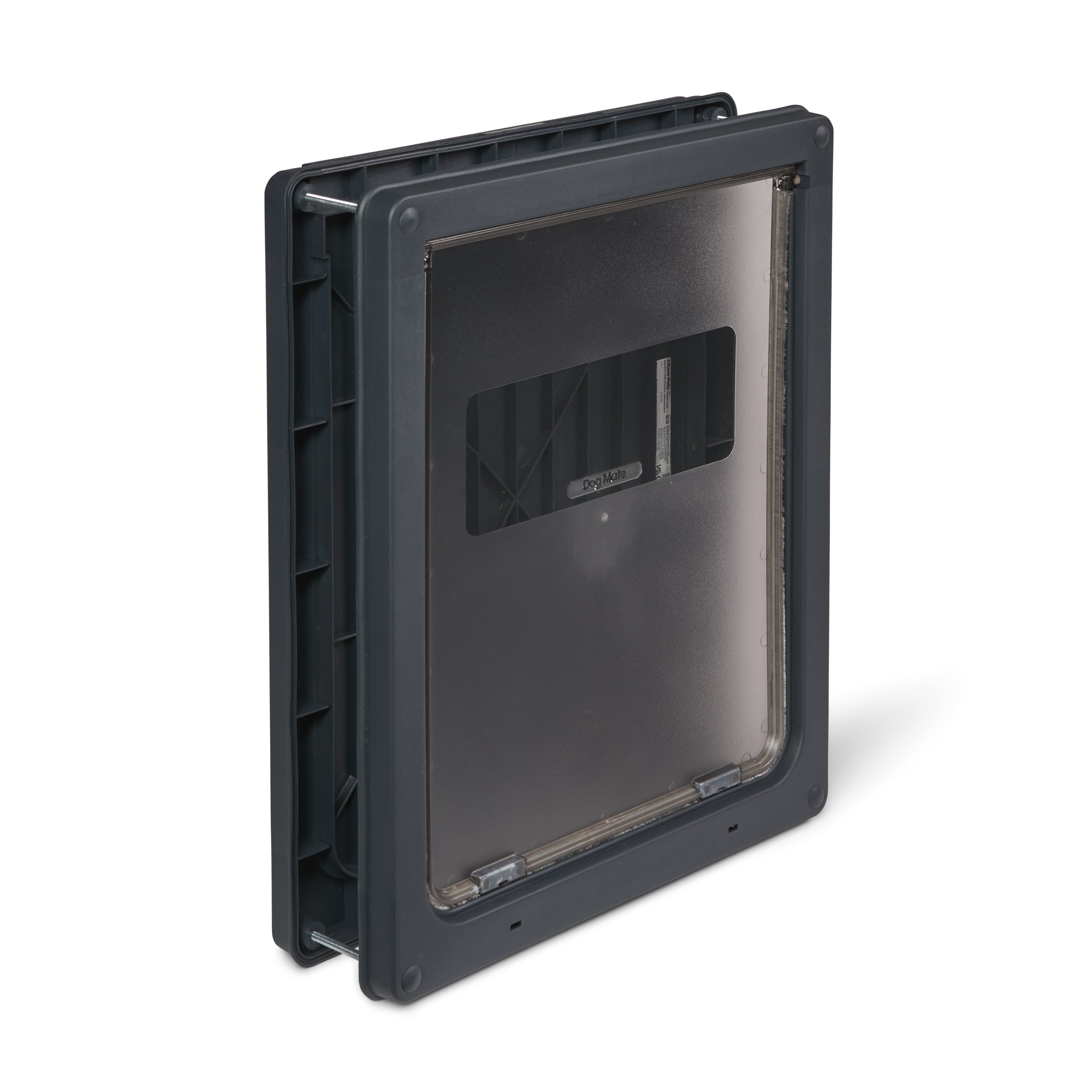 A side-angled view of the pet door made by Dog Mate in grey for larger dogs with magnetic closure and a draught-proof and weather-proof seal on the door 