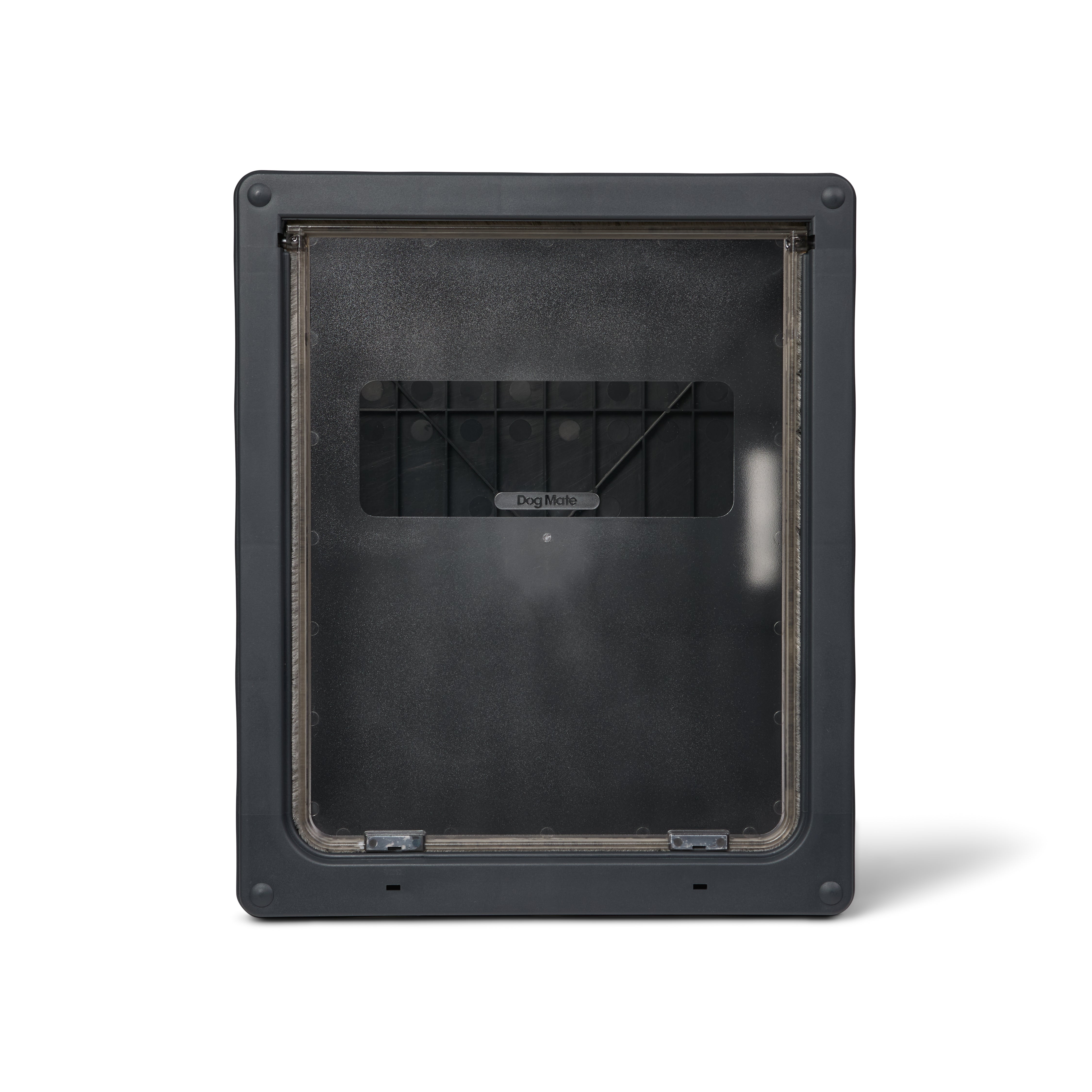 A front view of the grey-framed pet door for larger dogs with a translucent door with a clear viewing rectangular panel near the top, on a white background 