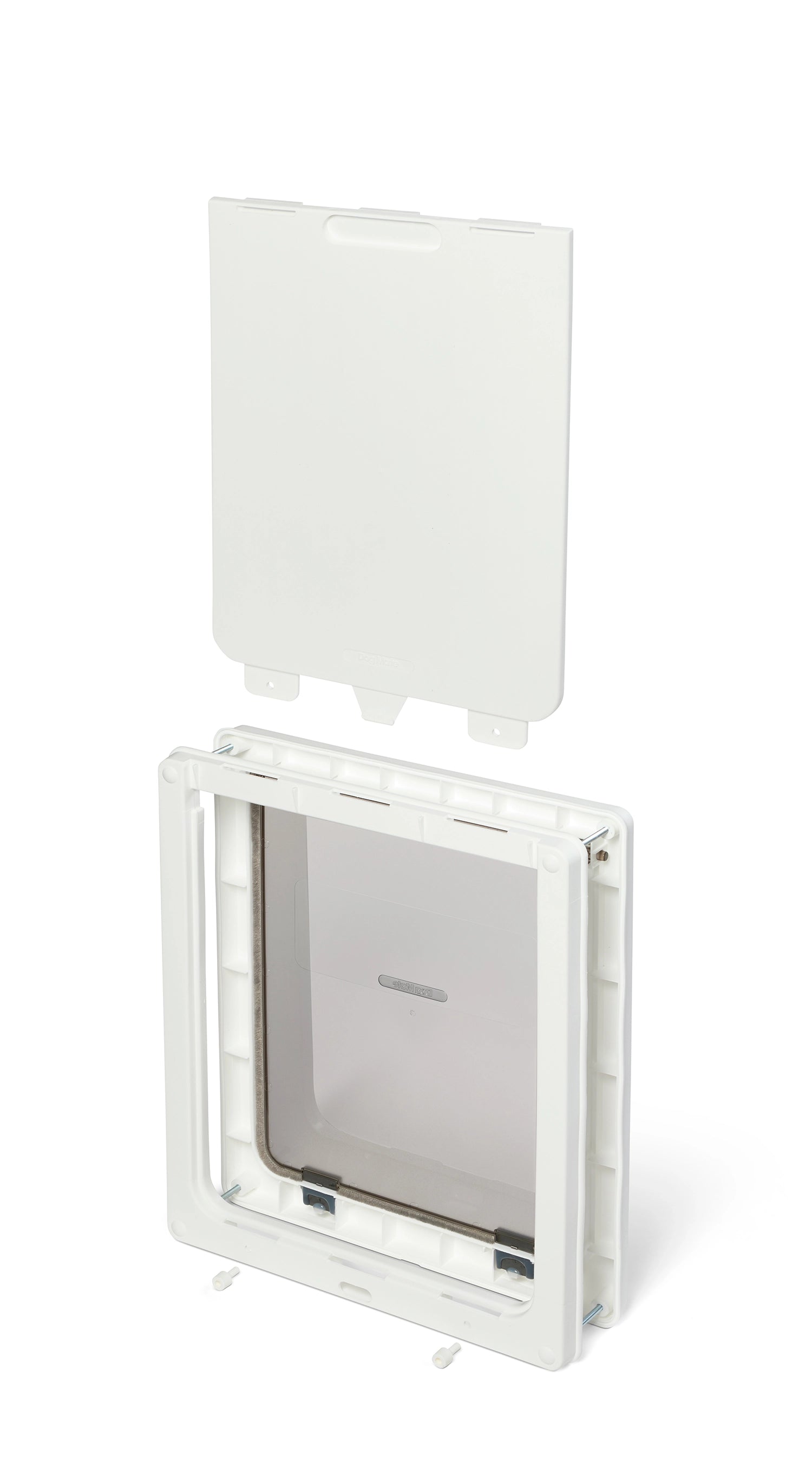 Large white pet door with flap, and locking panel positioned above on a white background. 