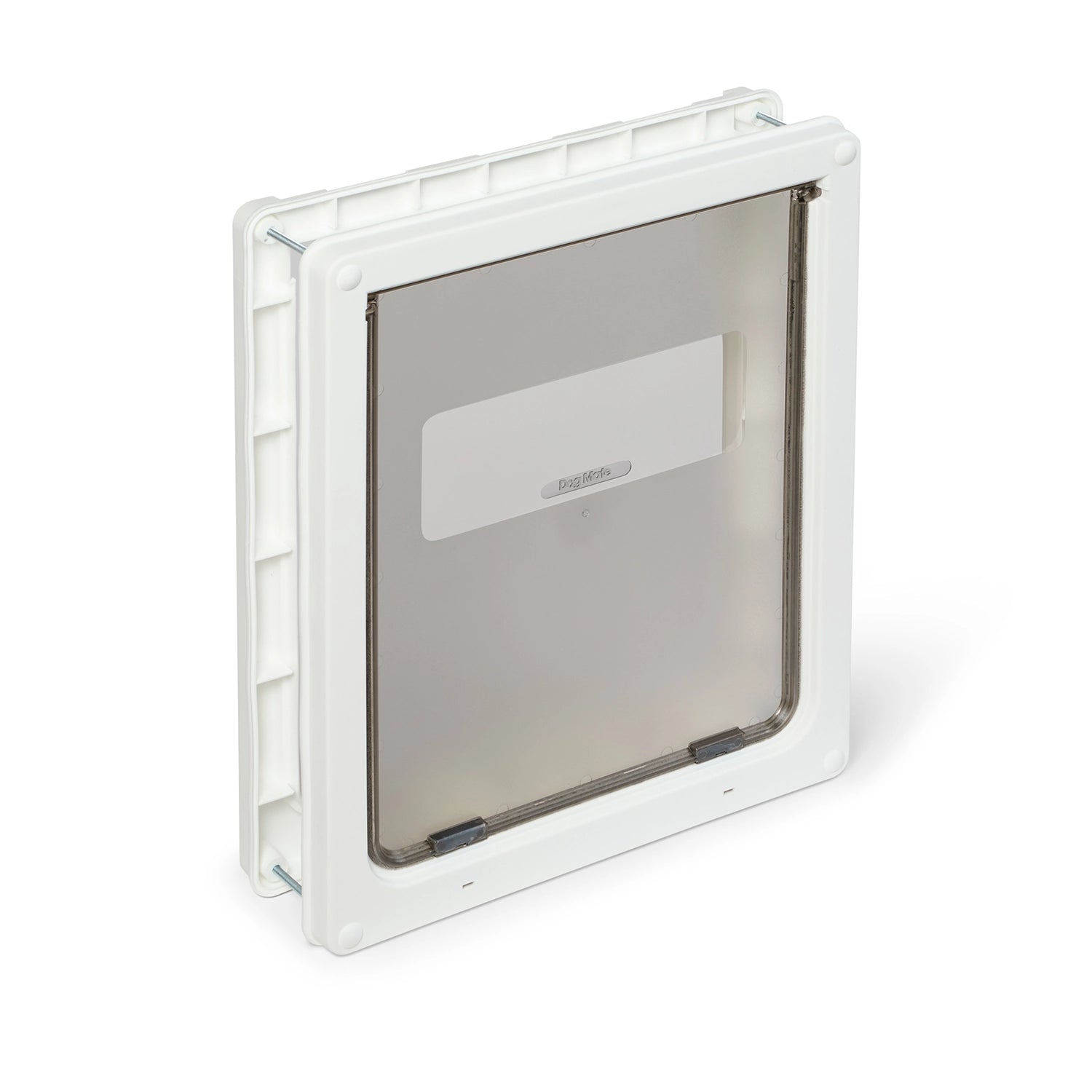 Pet door in white with a clear flap on a white background displaying the Dog Mate brand 