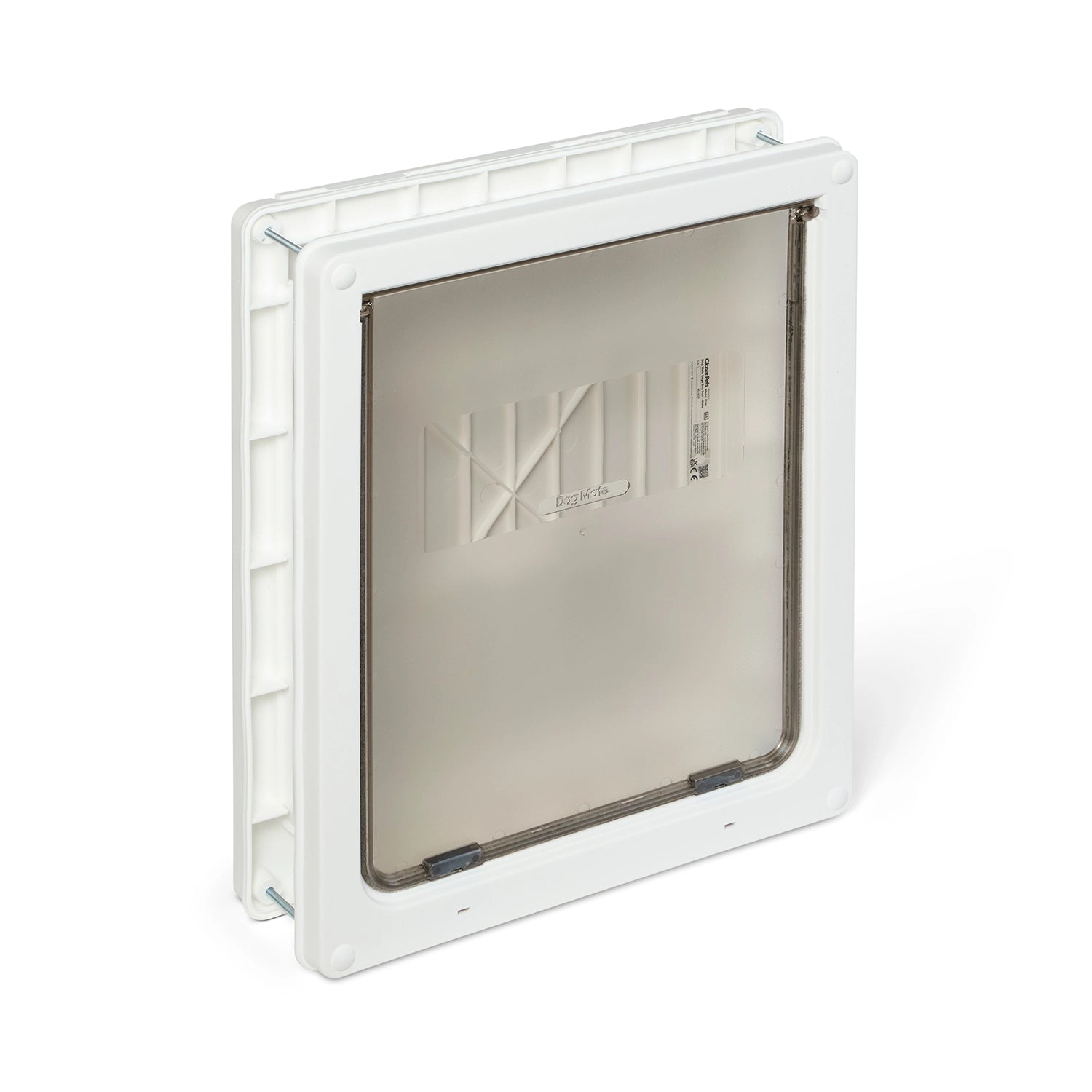 front angle view of a pet door with a white frame on a white background showing the magnetic closure points. 