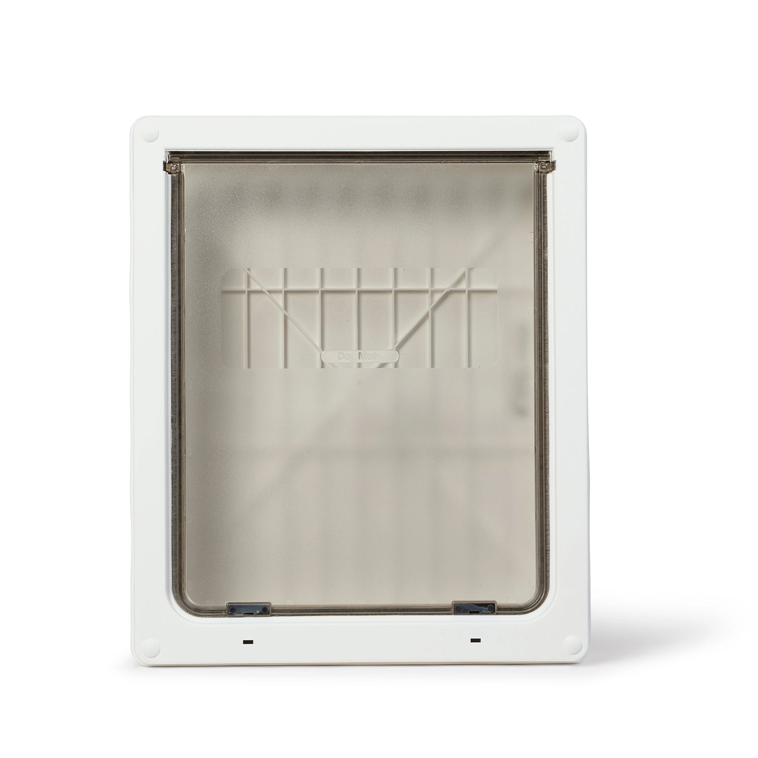 Pet door with a white frame and clear flap on a white background