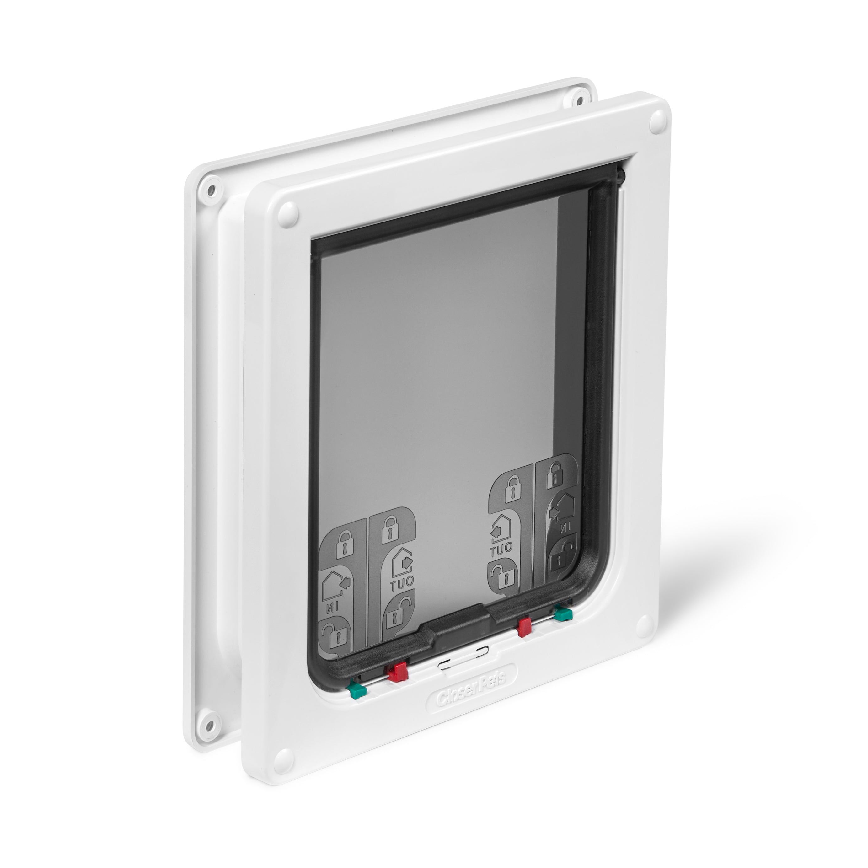 An angled view of the Cate Mate pet door which can be installed in to internal and external doors, on a white background 