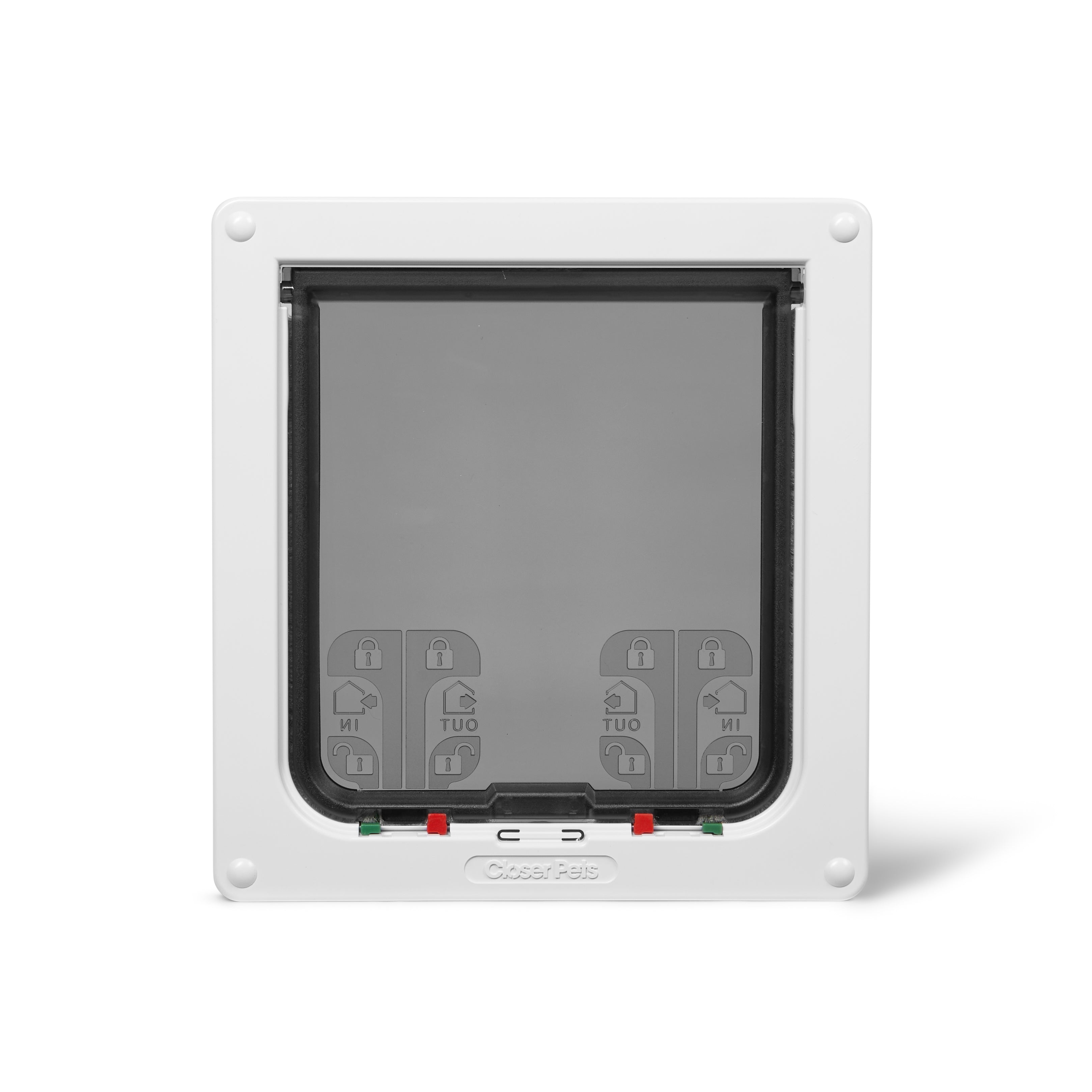 A clear pet door for large cats and small dogs with a white frame and manual locks made by Cat Mate on a white background 