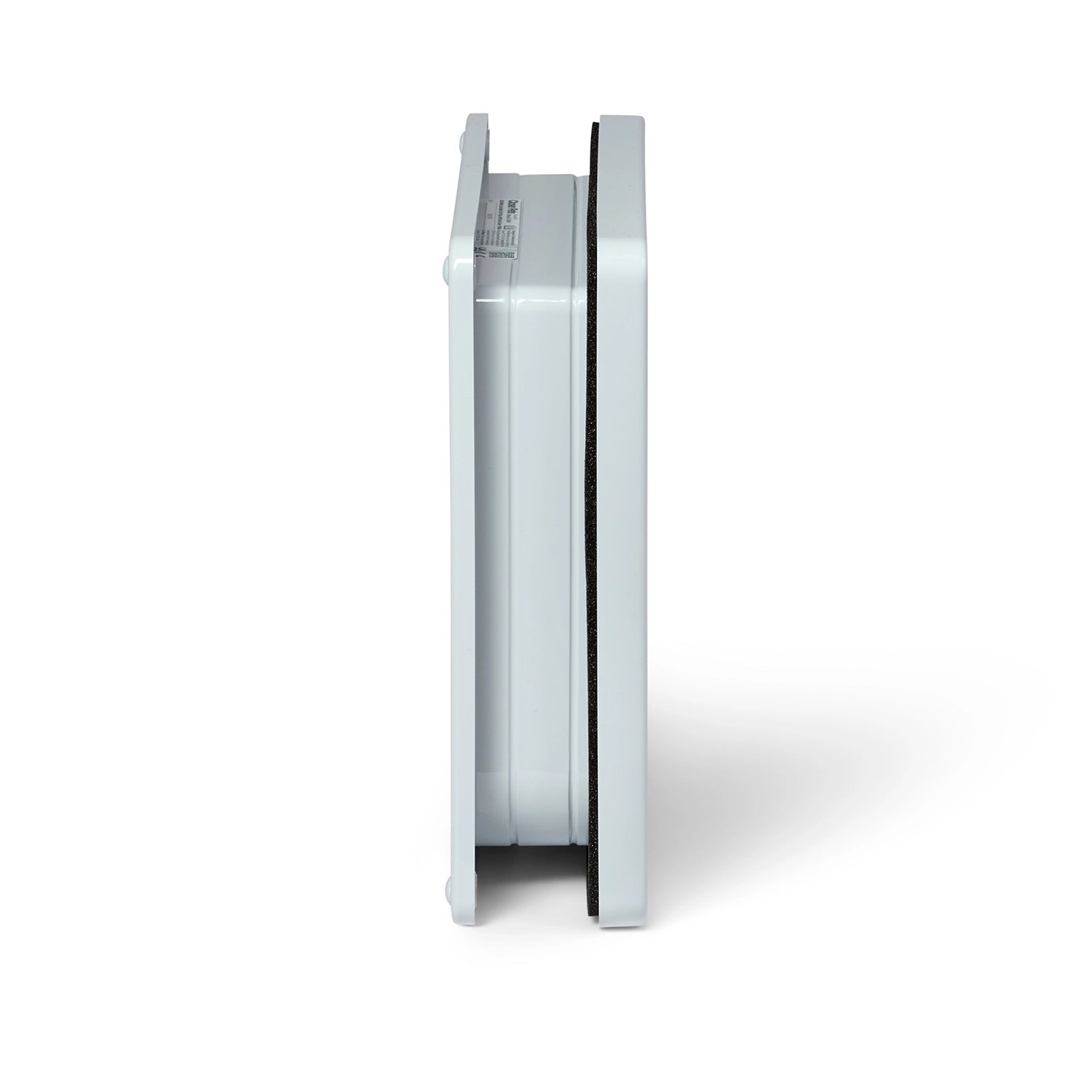 Side view of the lockable cat flap with door liner in white, set against a white background. 