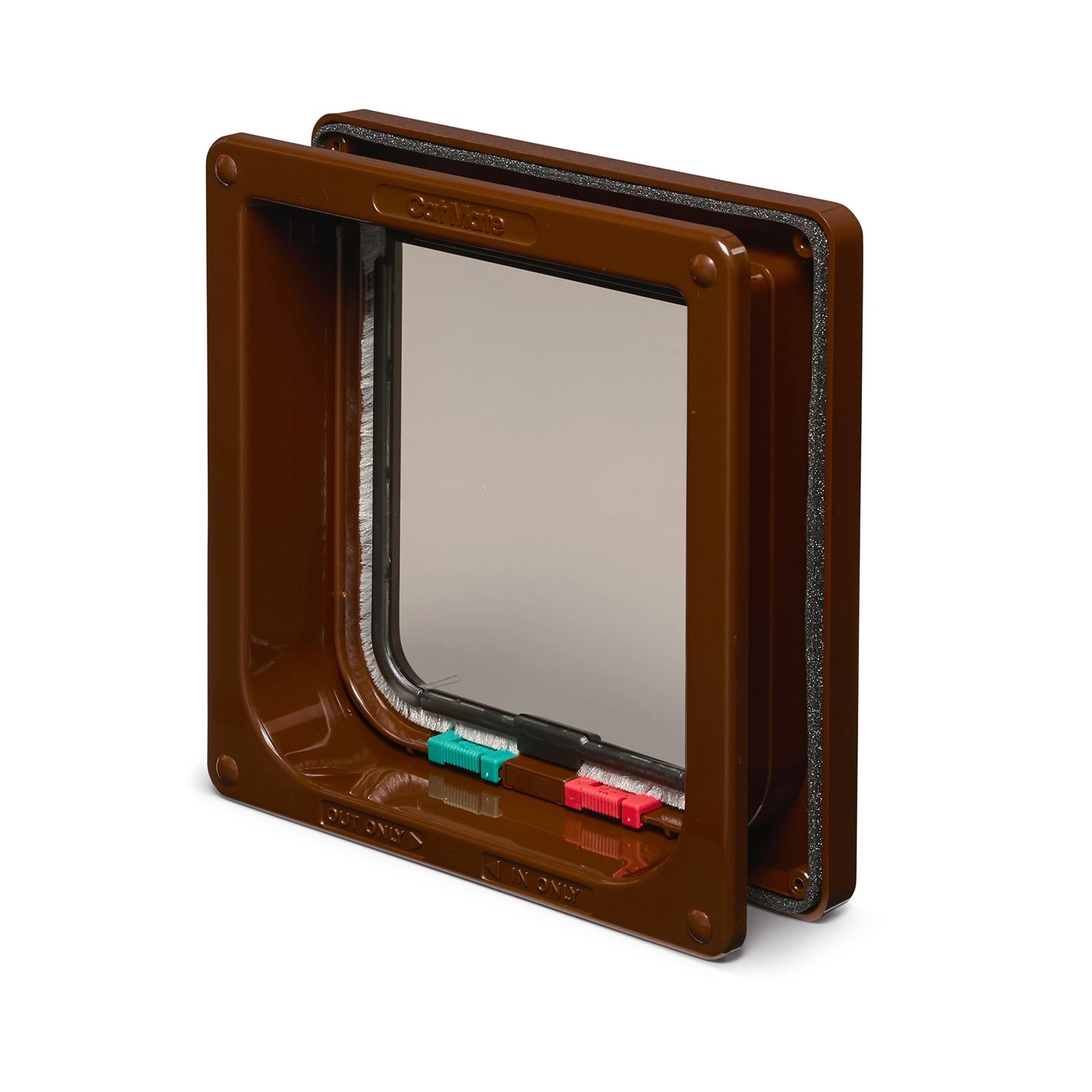 Brown lockable pet door for average size cats with clear flap on a white background. 