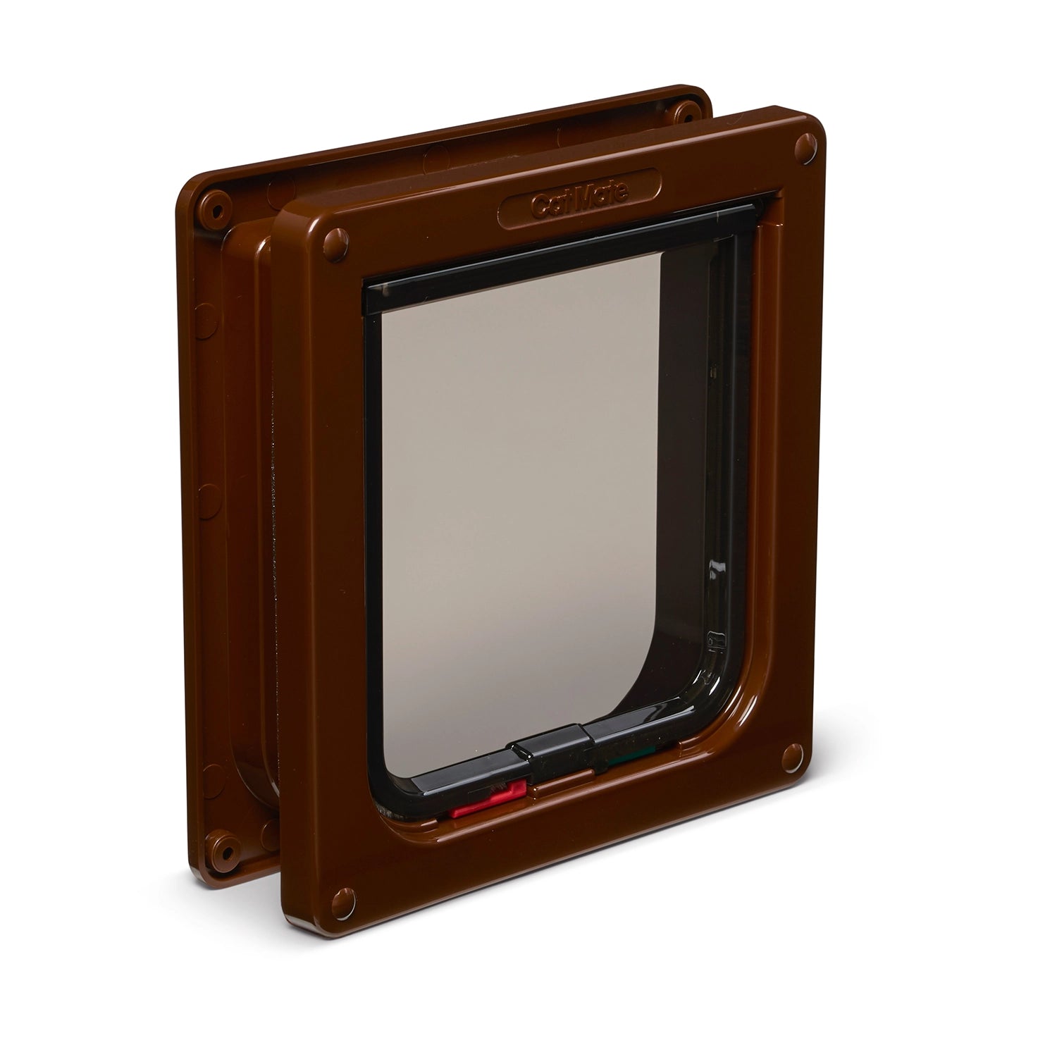 Brown lockable pet door with a clear flap and magnetic closure on a white background. 