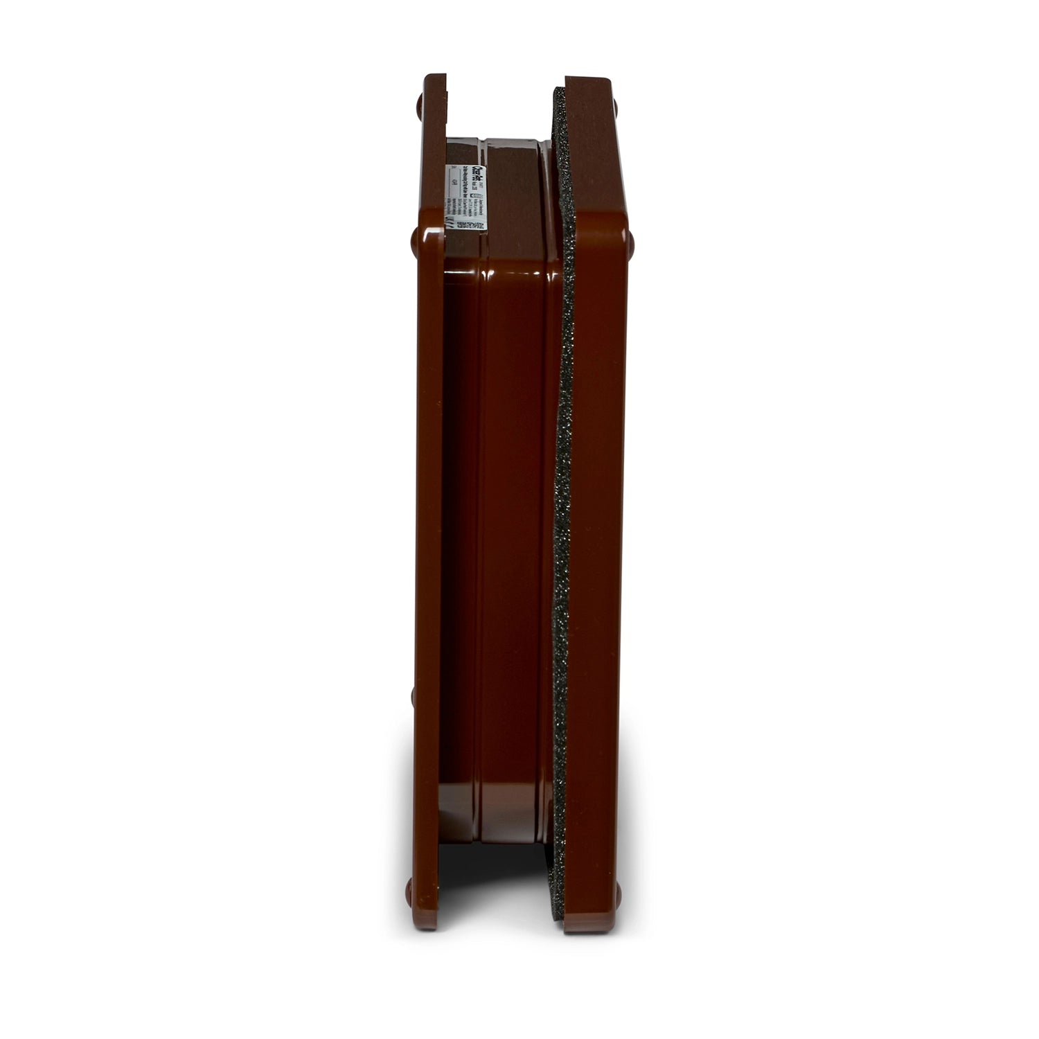 A side view of the brown lockable cat flap with door liner. 