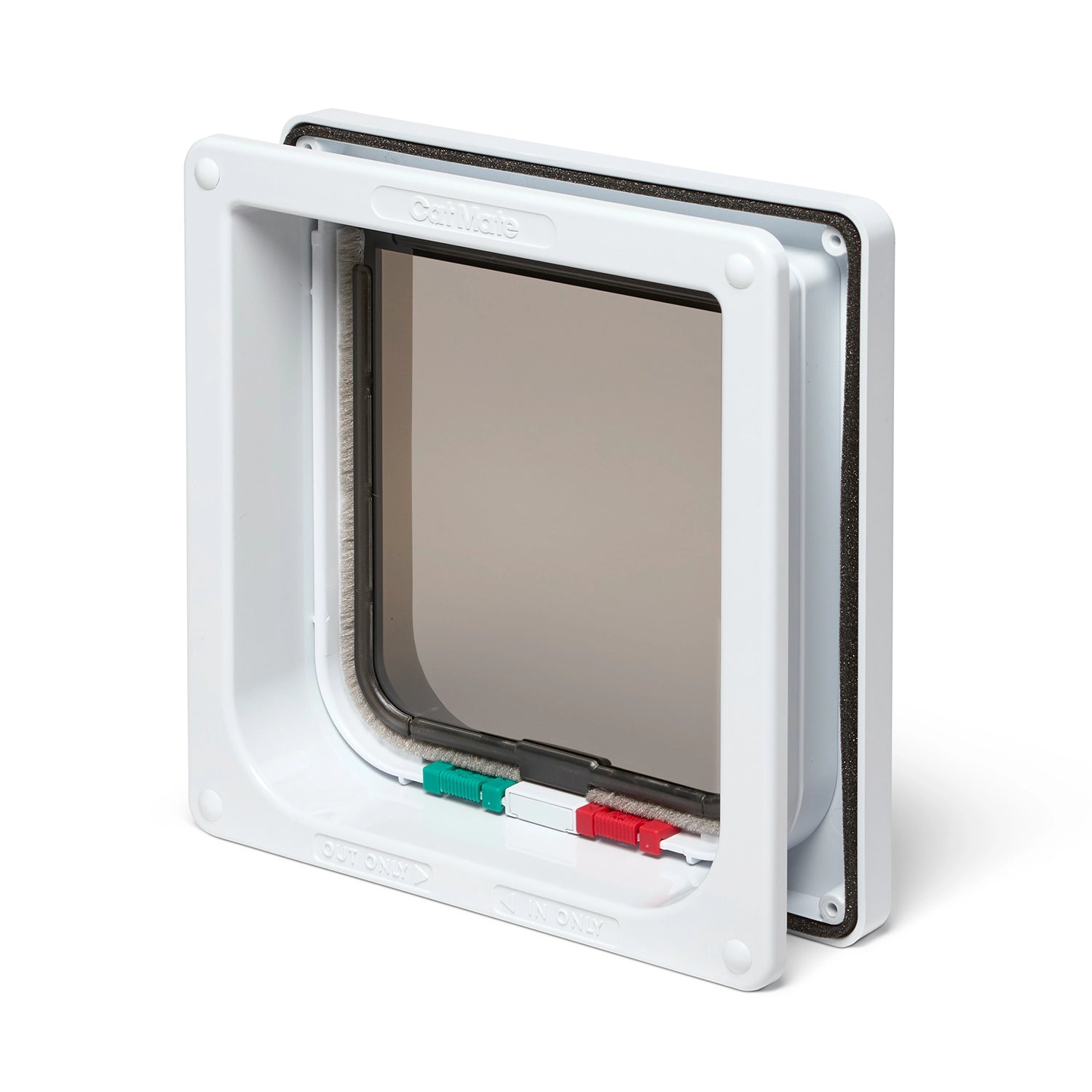 Pet door with a transparent flap and different coloured locks on a white background. 