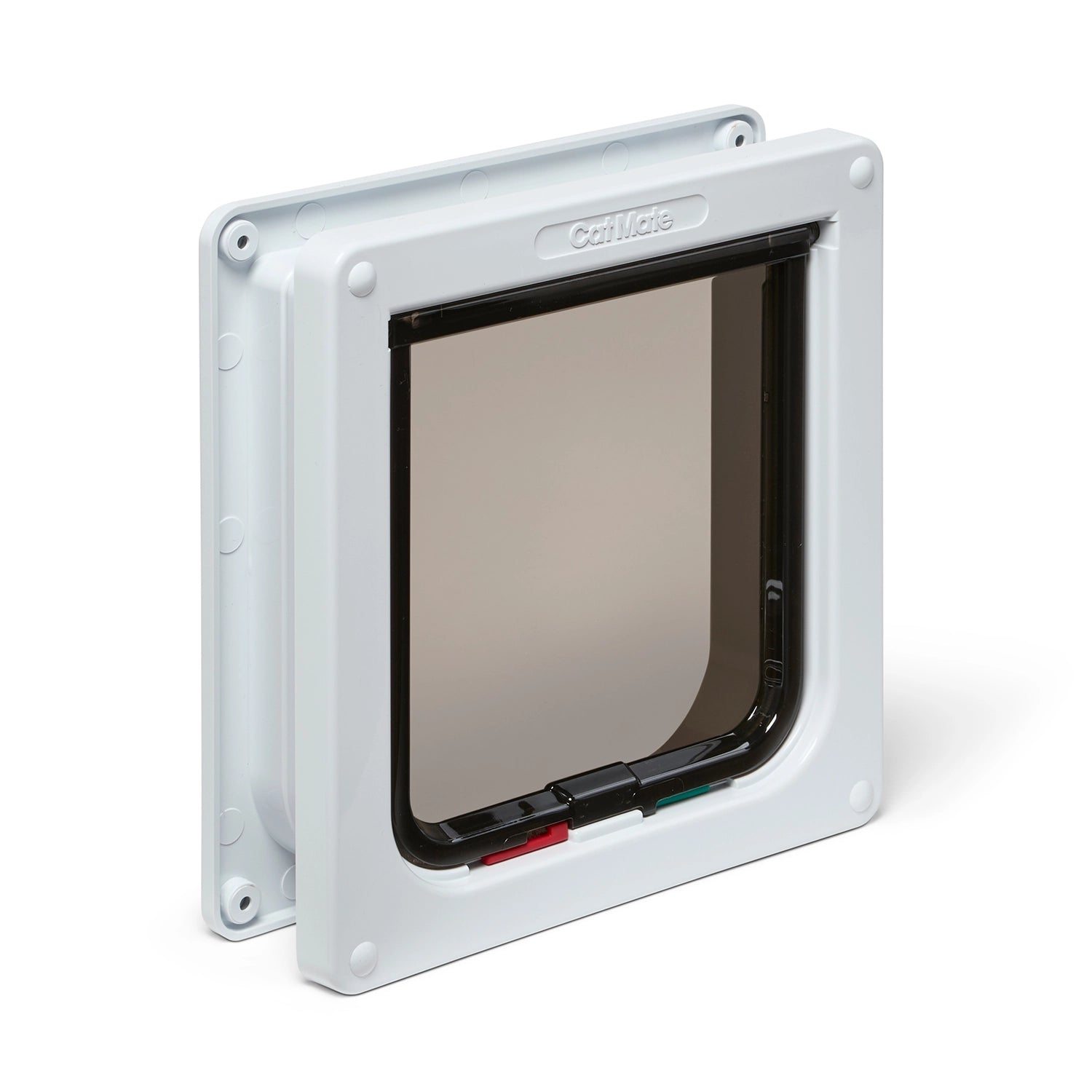 Pet door for use with average size cats with a white frame and clear flap on a white background