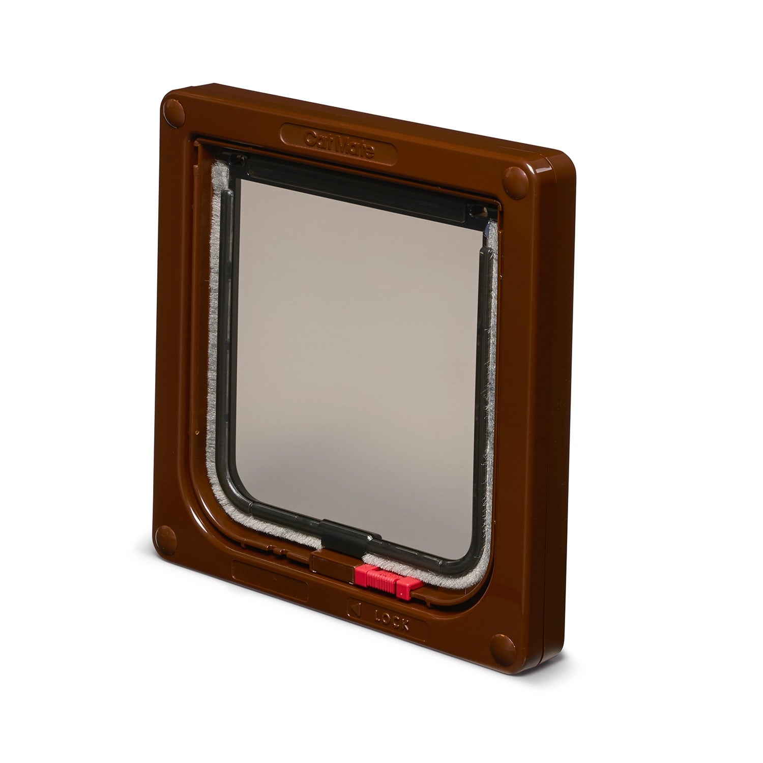 Brown manually lockable  pet door for cats with a clear flap on a white background